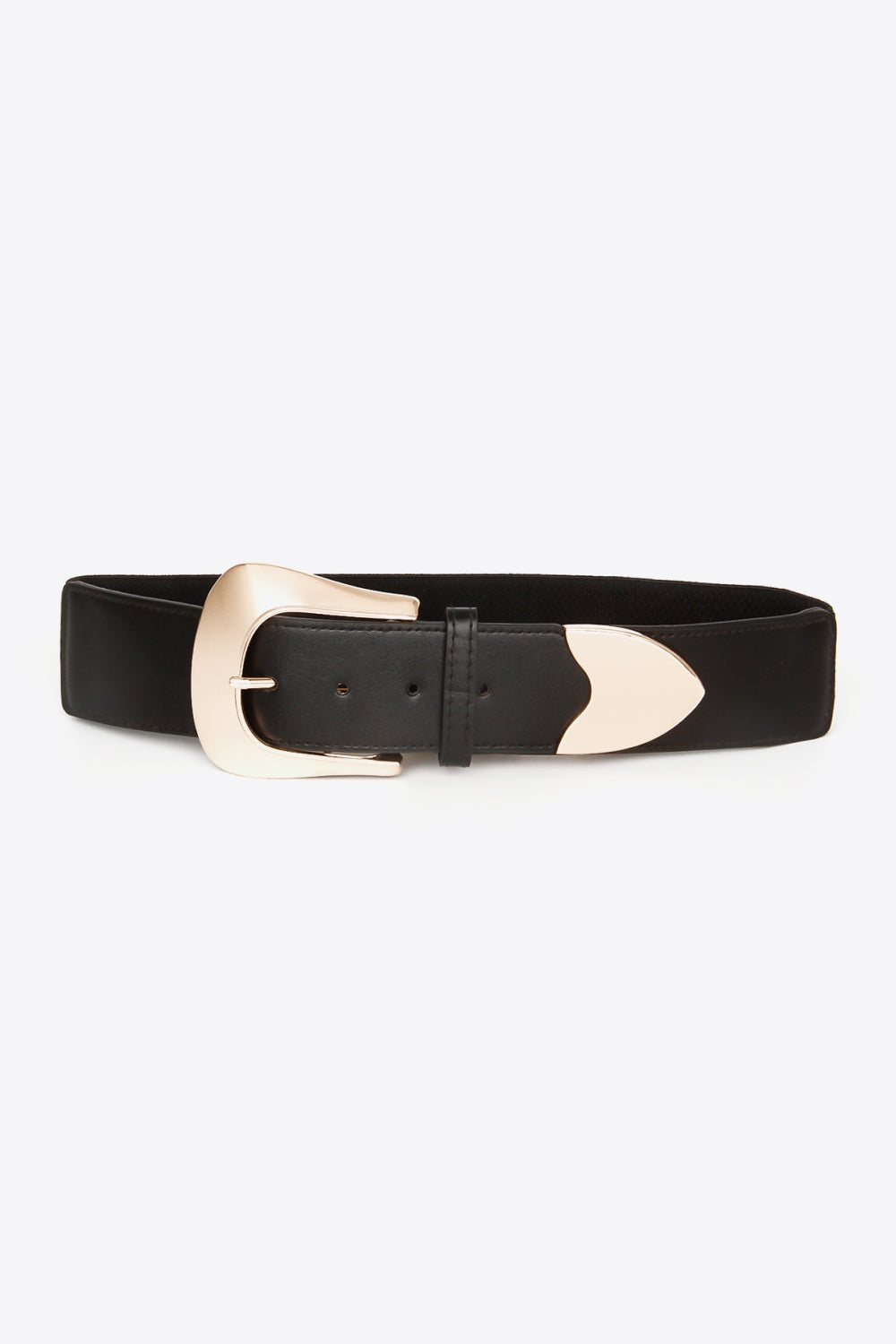 A black wide PU elastic belt features a polished gold-tone buckle, perforated strap, stitched edges, and a coordinating loop for a defined waist.