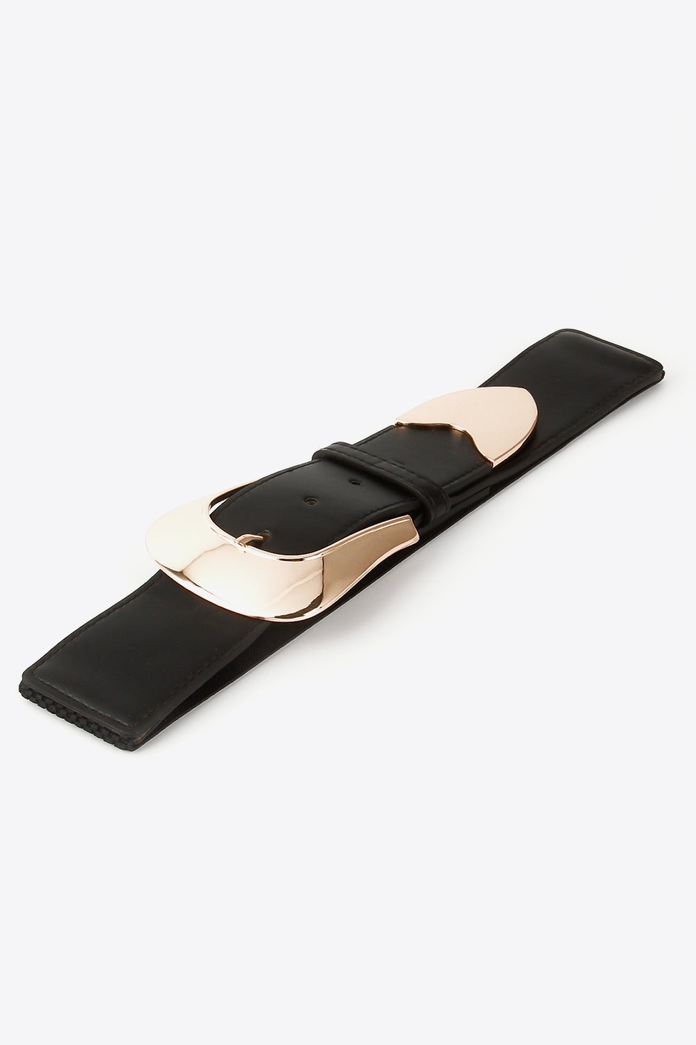 Wide black PU elastic belt with a structured silhouette, perforated strap, rounded end detail, belt loop, and polished rose-gold zinc alloy buckle.