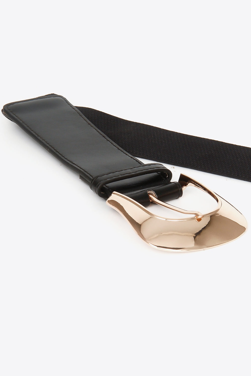 Wide black elastic PU belt with a broad stitched strap and polished gold-tone zinc alloy buckle for a structured, waist-cinching finish.