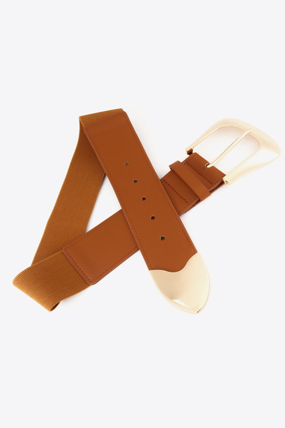 Wide brown elastic PU belt with a broad silhouette, perforated strap, polished gold-tone buckle, stitched construction, and rounded coordinating end detail.