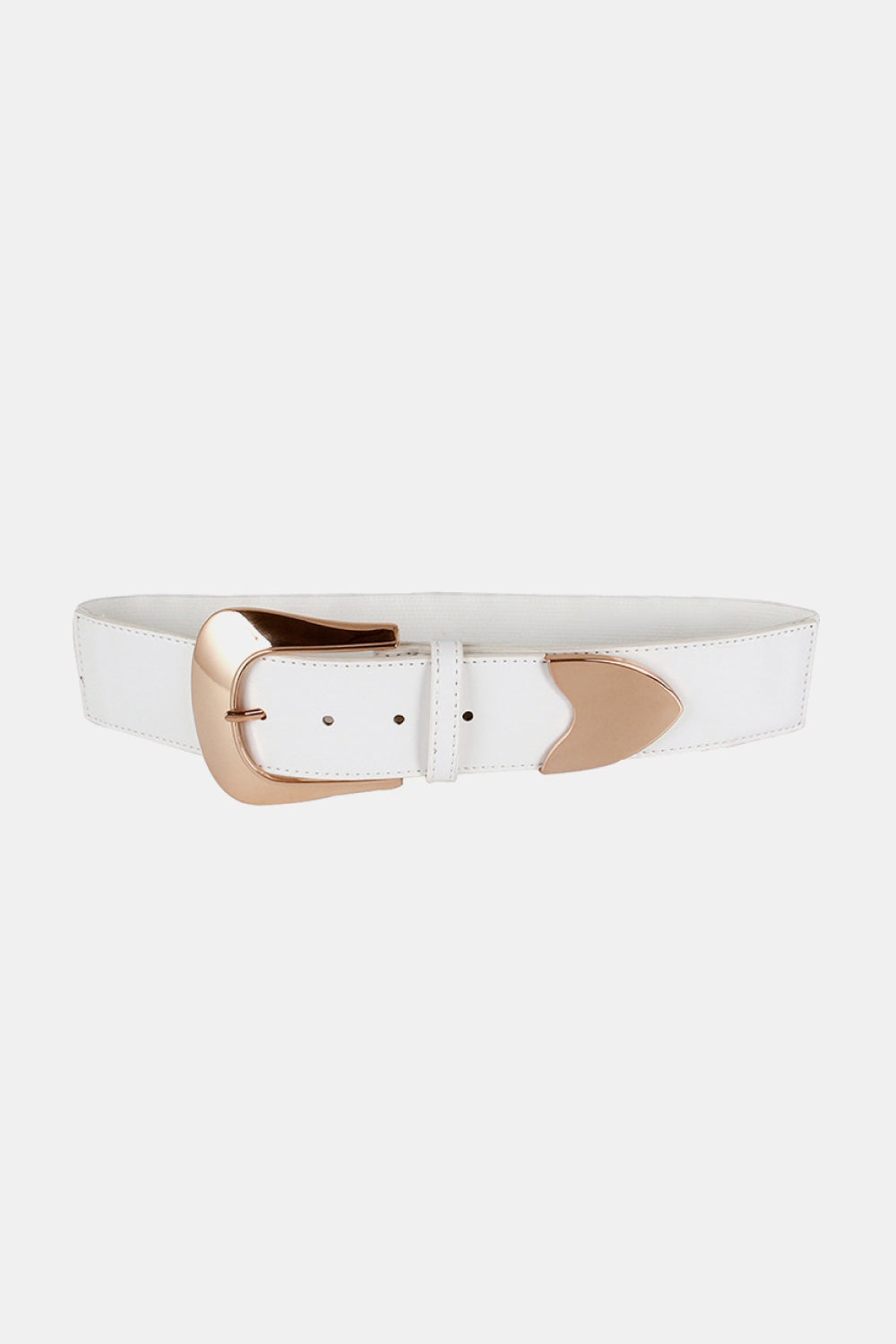 White elastic wide PU belt with stitched edges, perforated strap, rounded end detail, belt loop, and a rose-gold zinc alloy buckle.