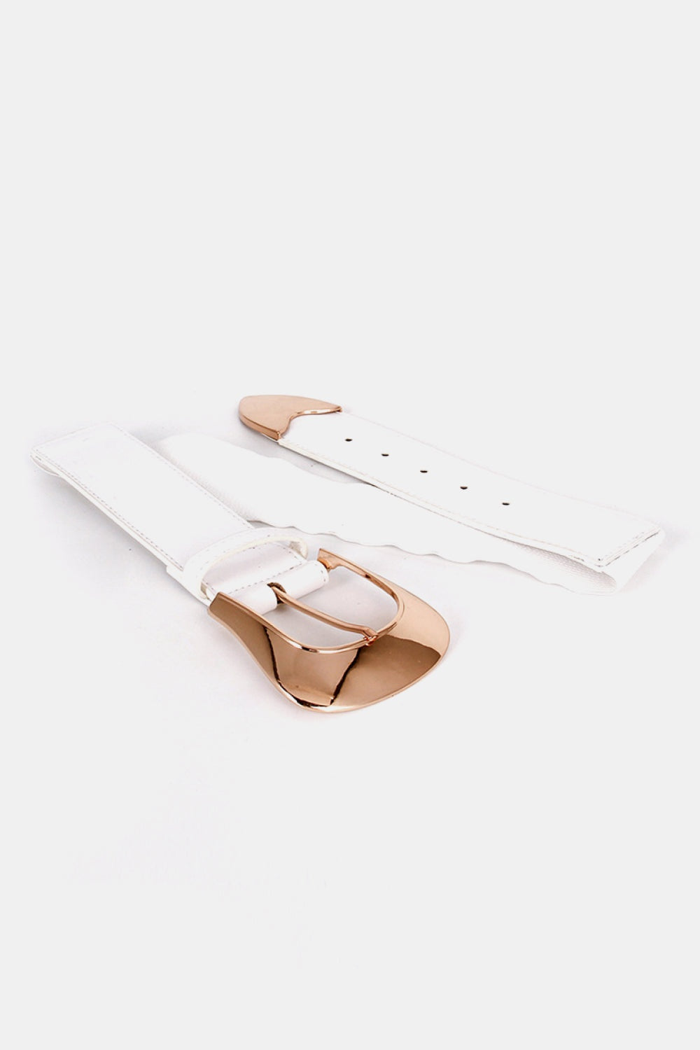 White elastic wide PU belt with a broad silhouette, perforated strap, rounded end detail, and polished rose-gold zinc alloy buckle.