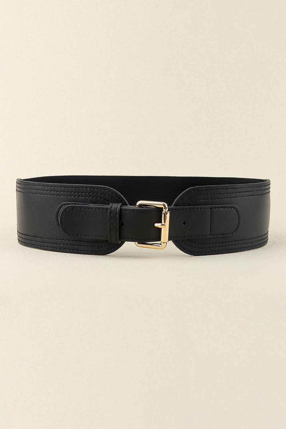 Black elastic wide PU belt with a structured gold-tone buckle, smooth tab, and refined stitched detailing in a shaping 2.4-inch silhouette.