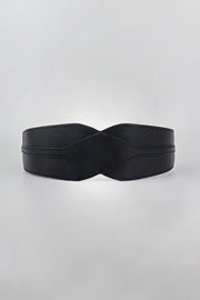 Black wide PU elastic belt with a sculptural contoured front, curved silhouette, and neat stitched edges for a polished waist-defining finish.