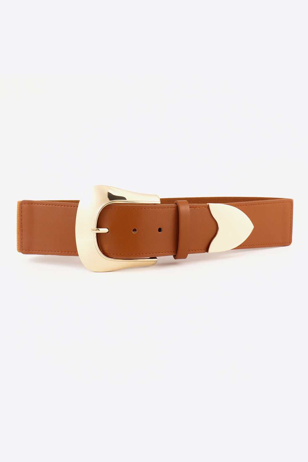 Wide brown elastic PU belt with a broad stitched silhouette, oversized gold-tone zinc alloy buckle, perforated strap, keeper loop, and rounded end detail.