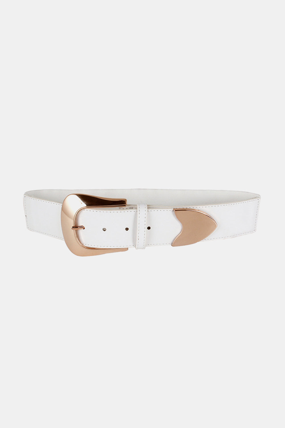 White elastic wide PU belt with stitched edges, perforated strap, rounded end detail, belt loop, and a rose-gold zinc alloy buckle.