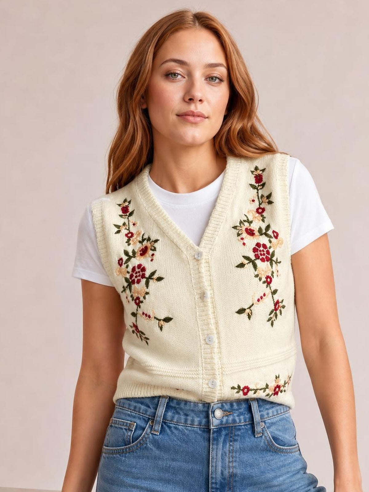 Model wears a cream embroidered button-up sweater vest over a white T-shirt, featuring a V-neck, floral detailing, ribbed edges, and a fitted silhouette.