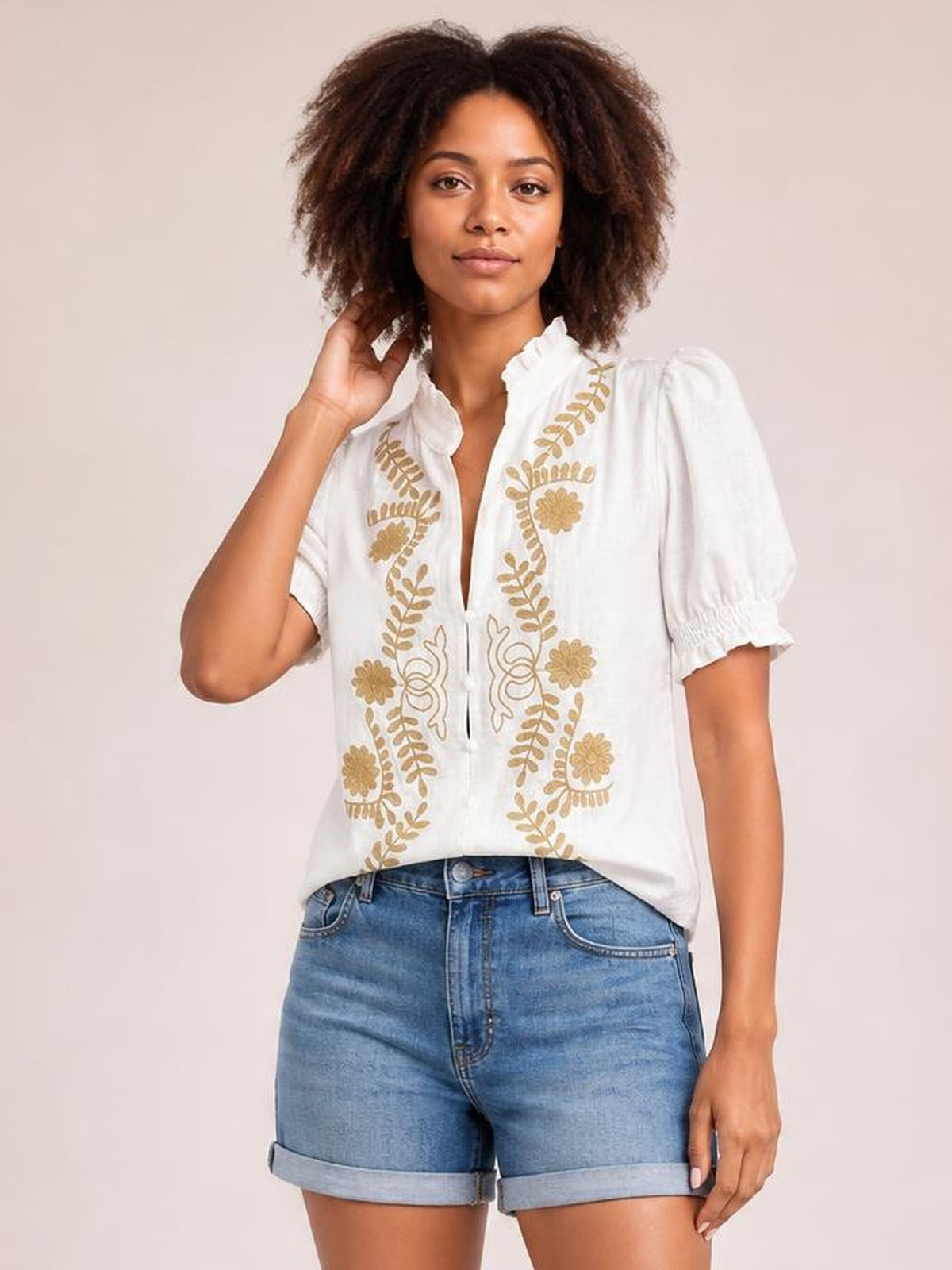Embroidered Frill Notched Short Sleeve Blouse · Rule Full Body - Medium / Three-Quarter
