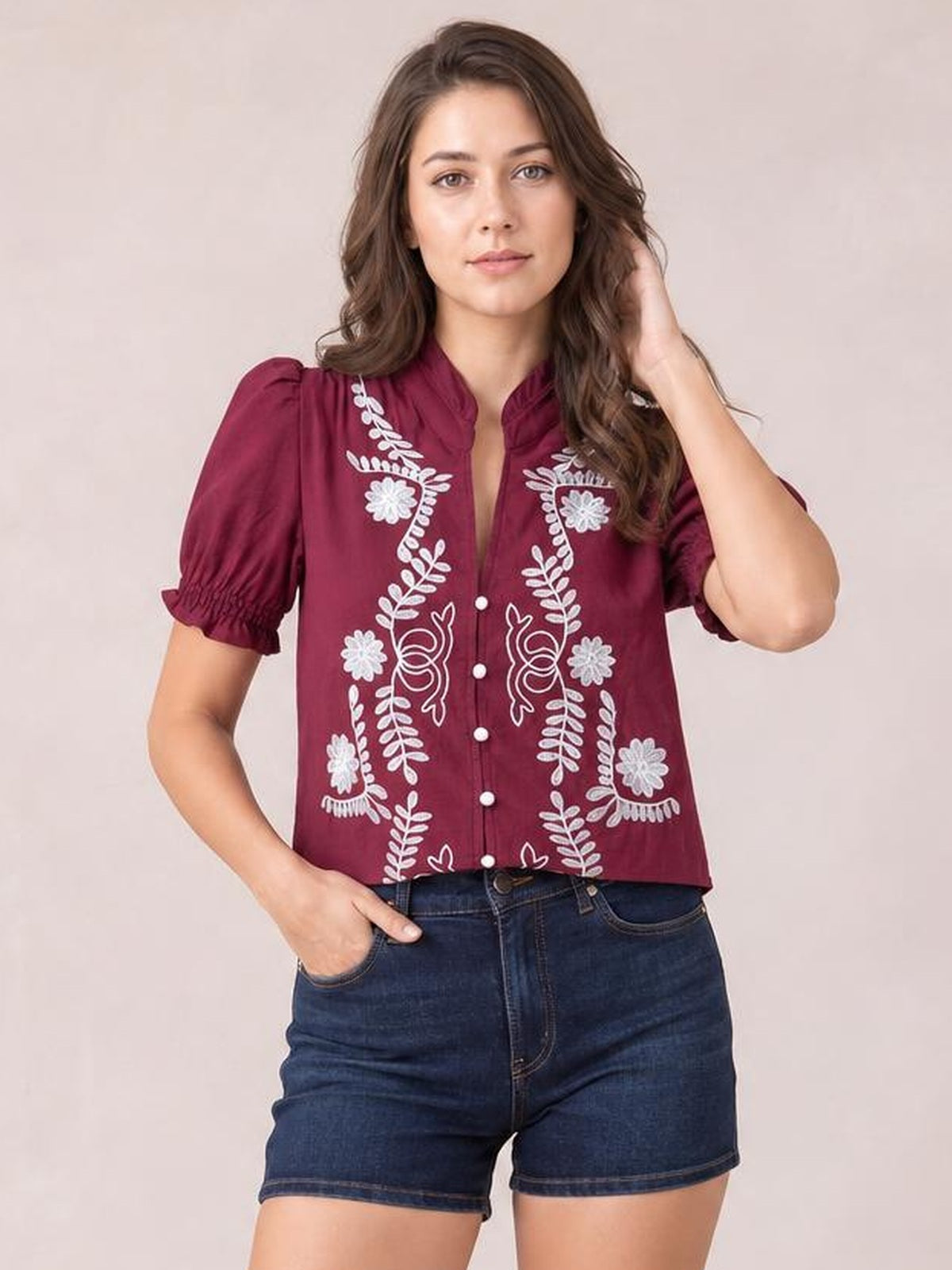 Embroidered Frill Notched Short Sleeve Blouse · Rule Full Body - Medium / Three-Quarter