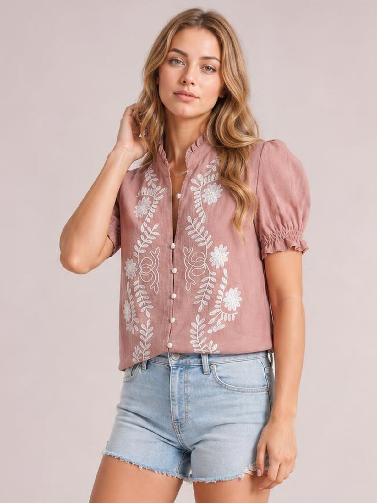 Embroidered Frill Notched Short Sleeve Blouse · Rule Full Body - Medium / Three-Quarter