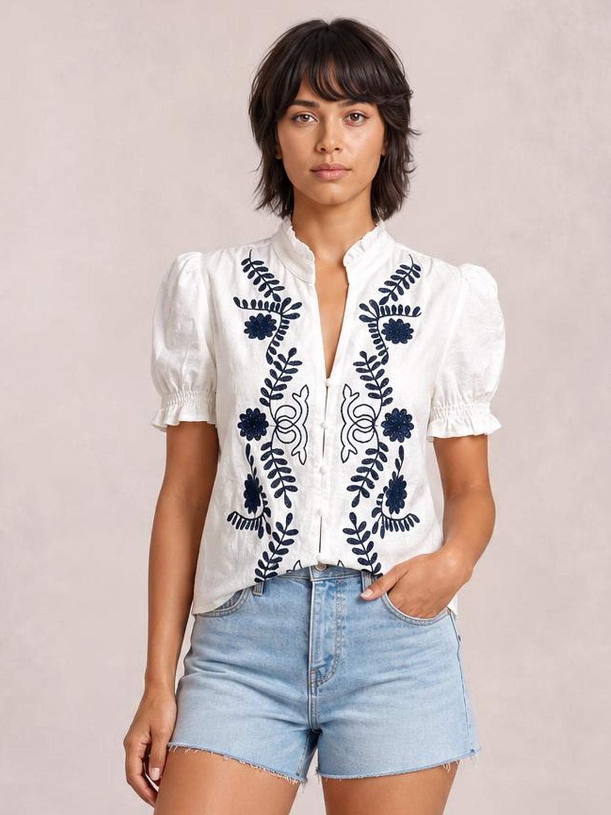 Embroidered Frill Notched Short Sleeve Blouse · Rule Full Body - Hero Full Body