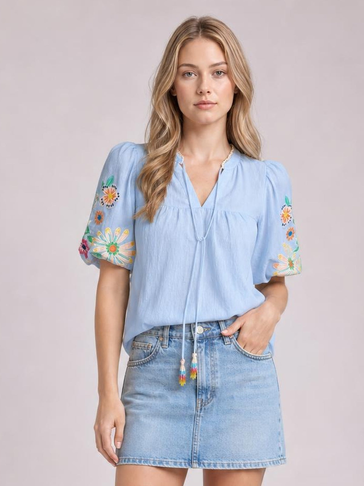 Embroidered Tie Neck Short Sleeve Blouse · Rule Full Body - Hero Full Body