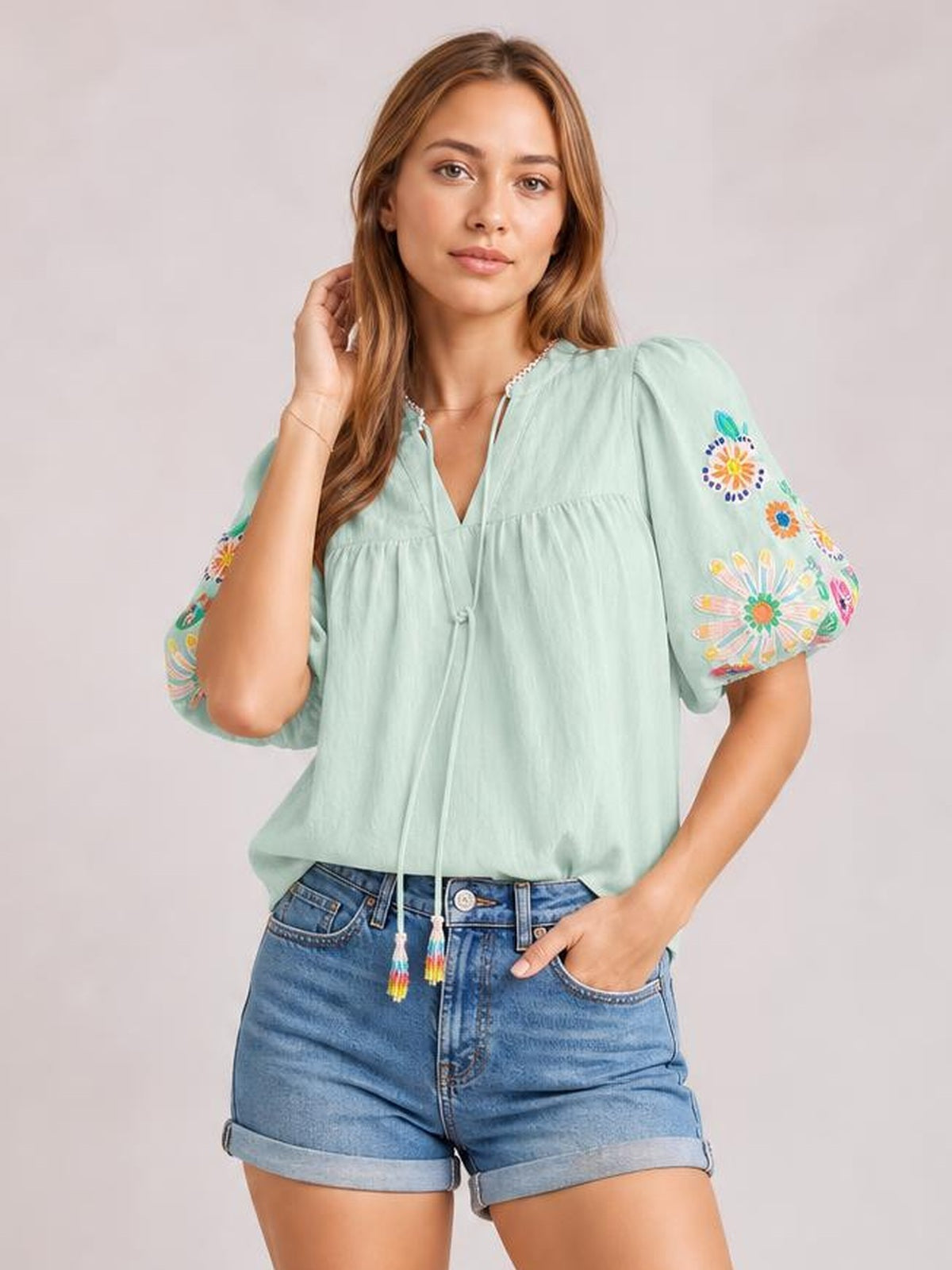 Embroidered Tie Neck Short Sleeve Blouse · Rule Full Body - Medium / Three-Quarter