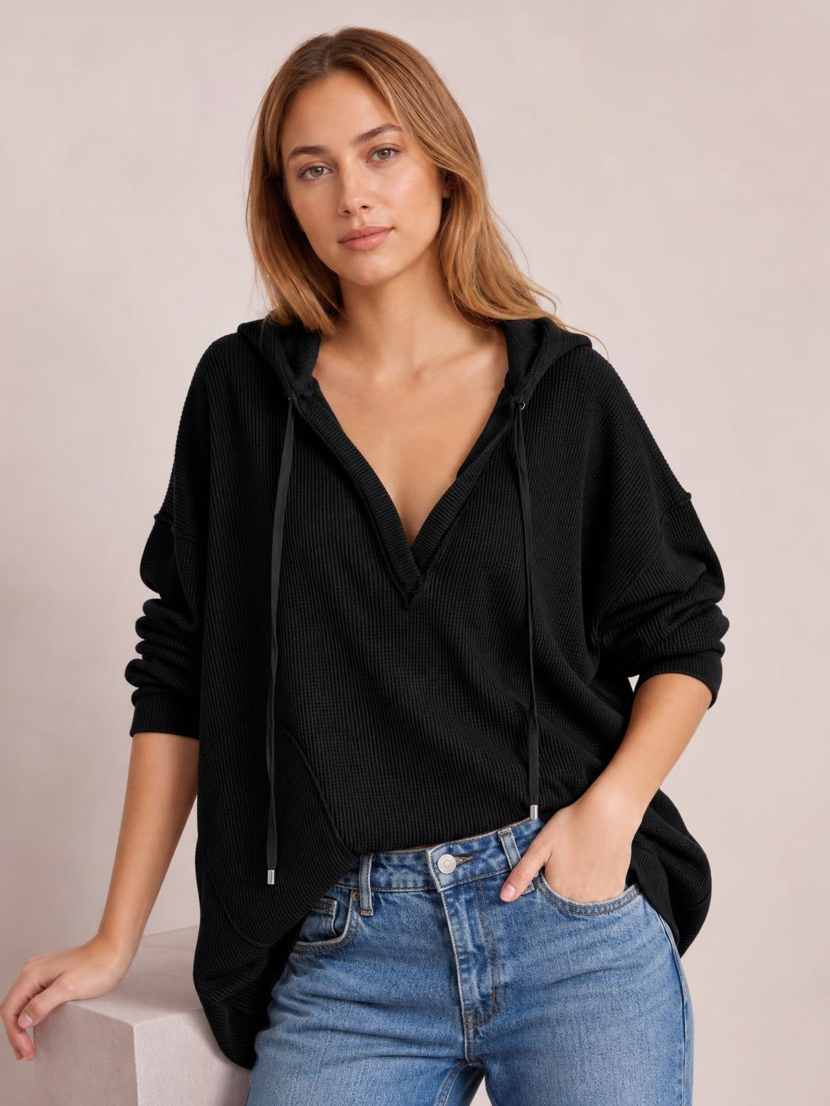 Exposed Seam Drawstring Long Sleeve Hoodie · Rule Crop - Torso / Waist Up - Studio Prop Pose
