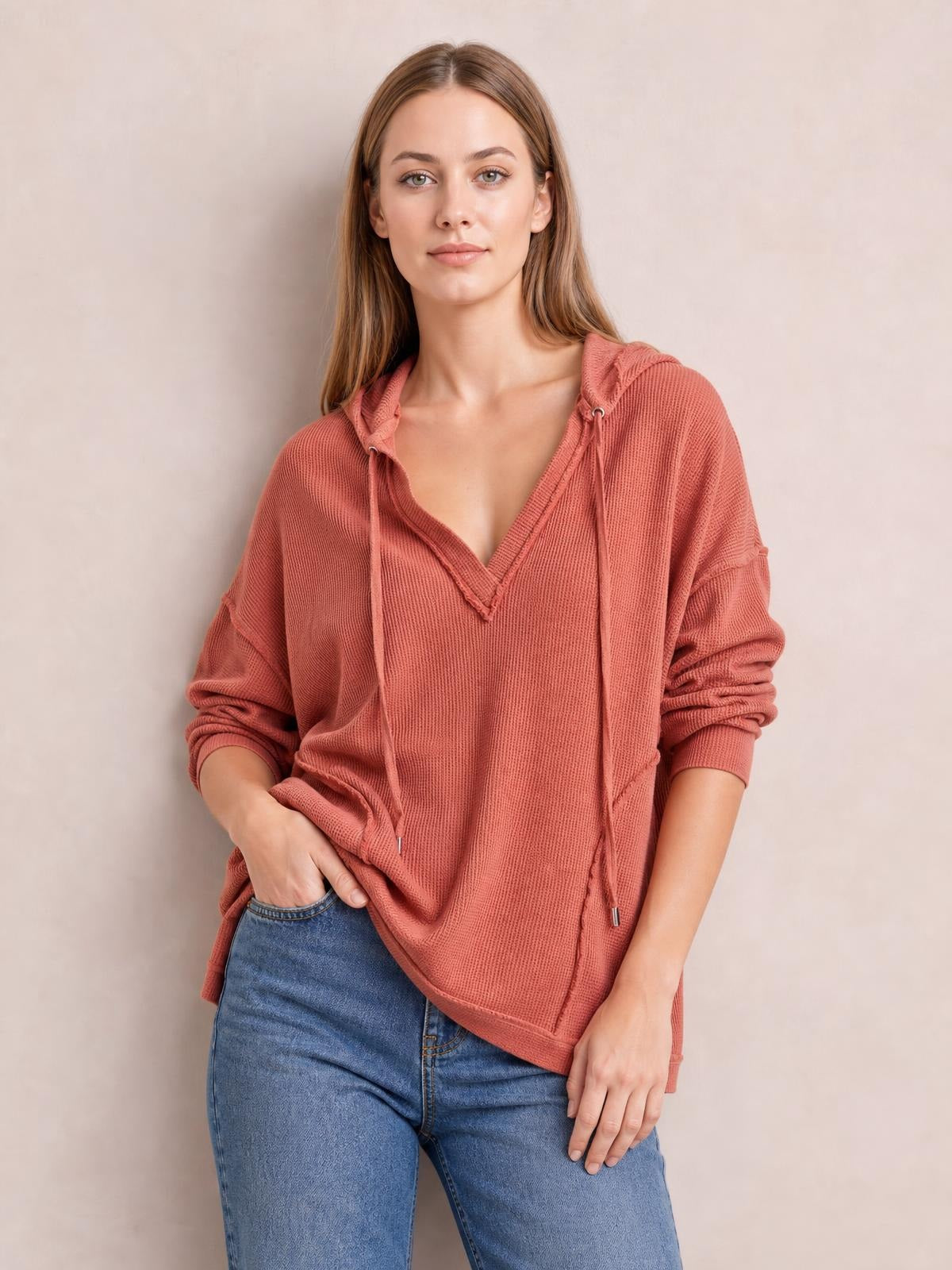 Exposed Seam Drawstring Long Sleeve Hoodie · Rule Crop - Torso / Waist Up - Studio Prop Pose