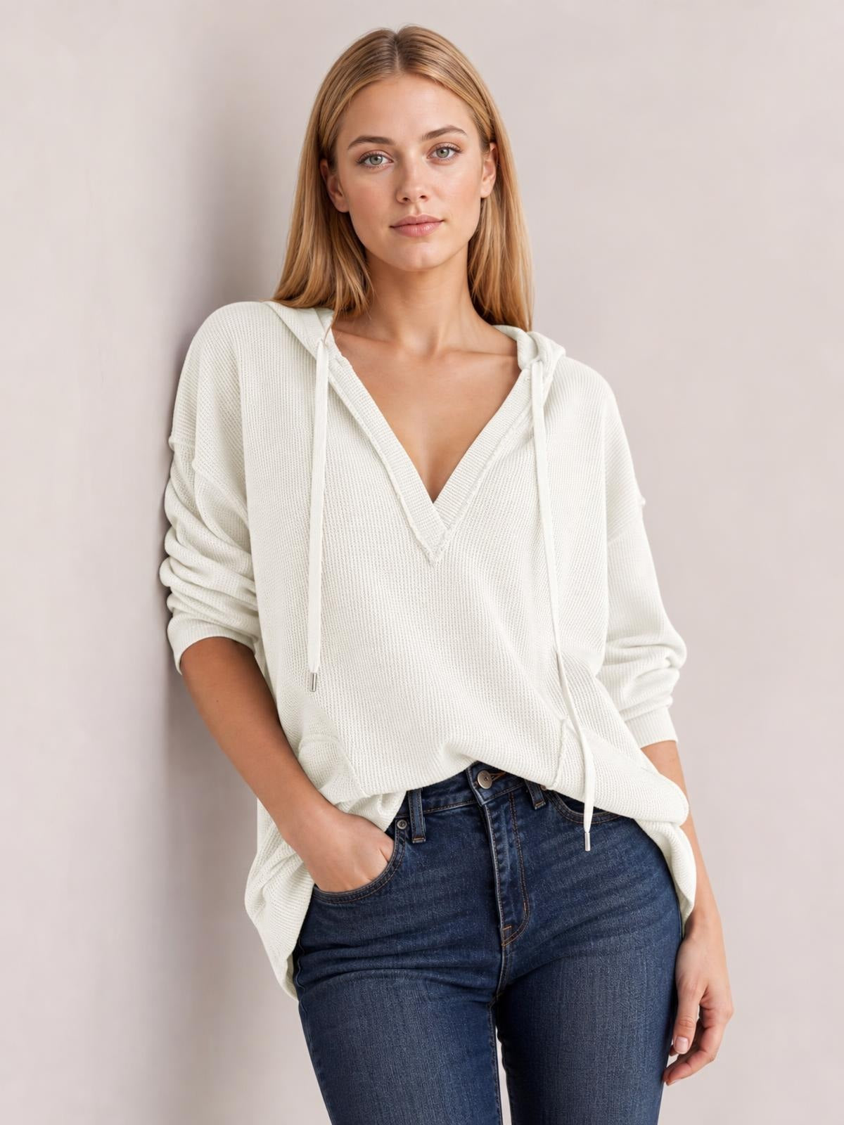 Exposed Seam Drawstring Long Sleeve Hoodie · Rule Crop - Torso / Waist Up - Studio Prop Pose