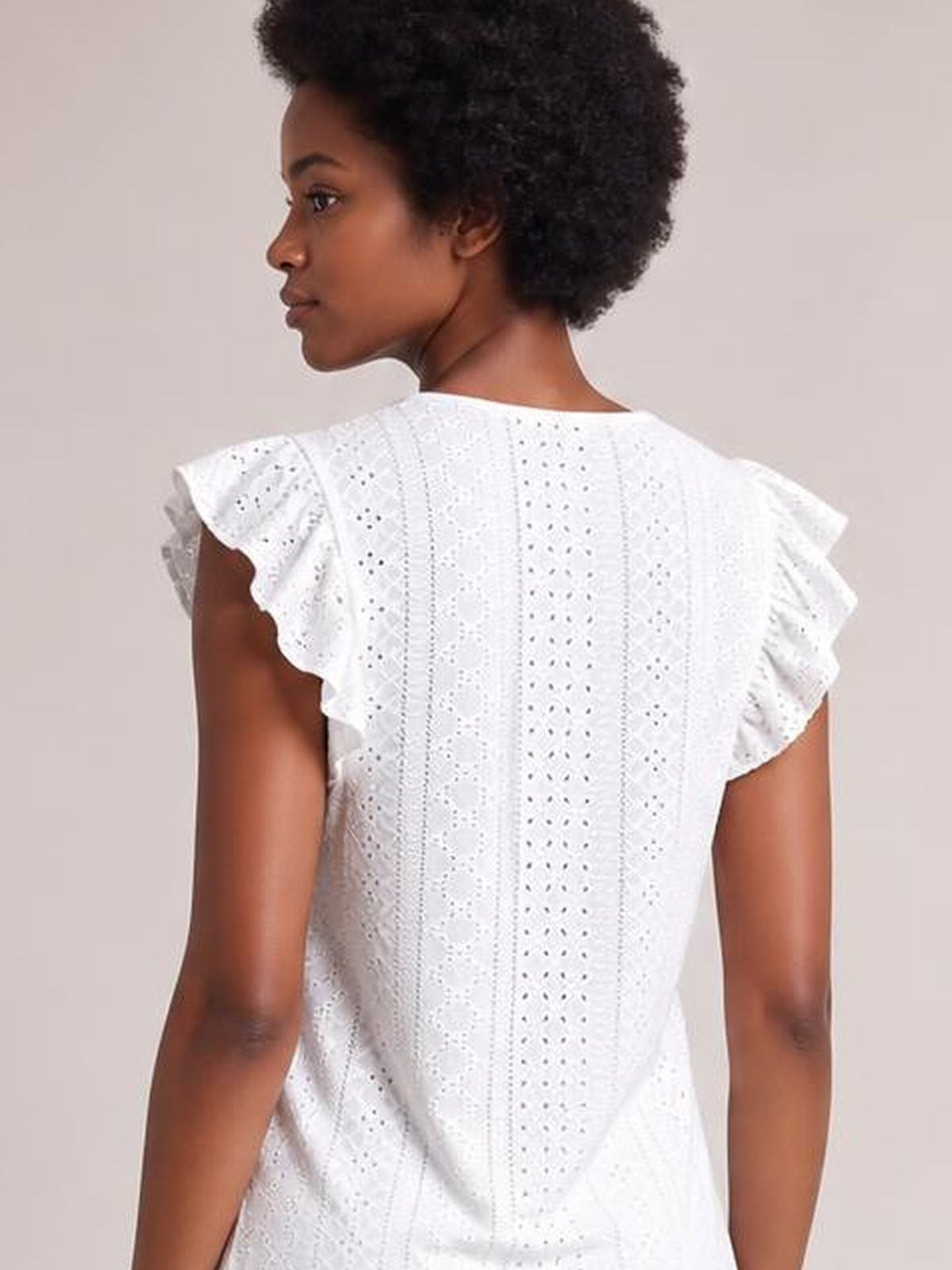 Model shown from the back in a white eyelet top with cutout detailing, round neck, cap sleeves, and a relaxed straight silhouette.