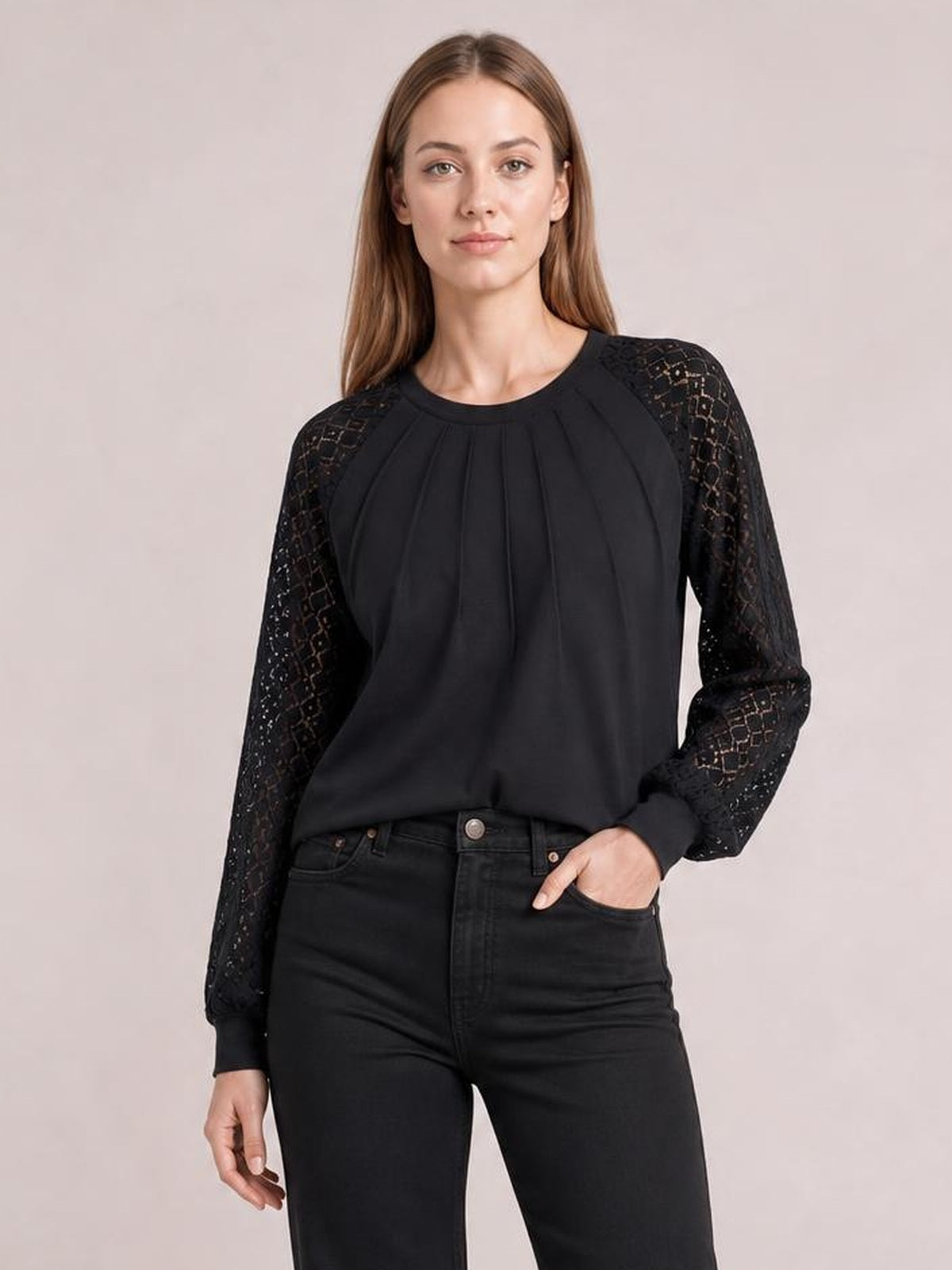 Eyelet Round Neck Long Sleeve Blouse · Rule Full Body - Hero Full Body
