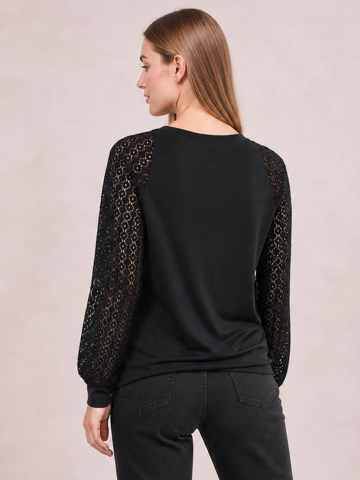 Eyelet Round Neck Long Sleeve Blouse · Rule Full Body - Back View · Full / Three-Quarter