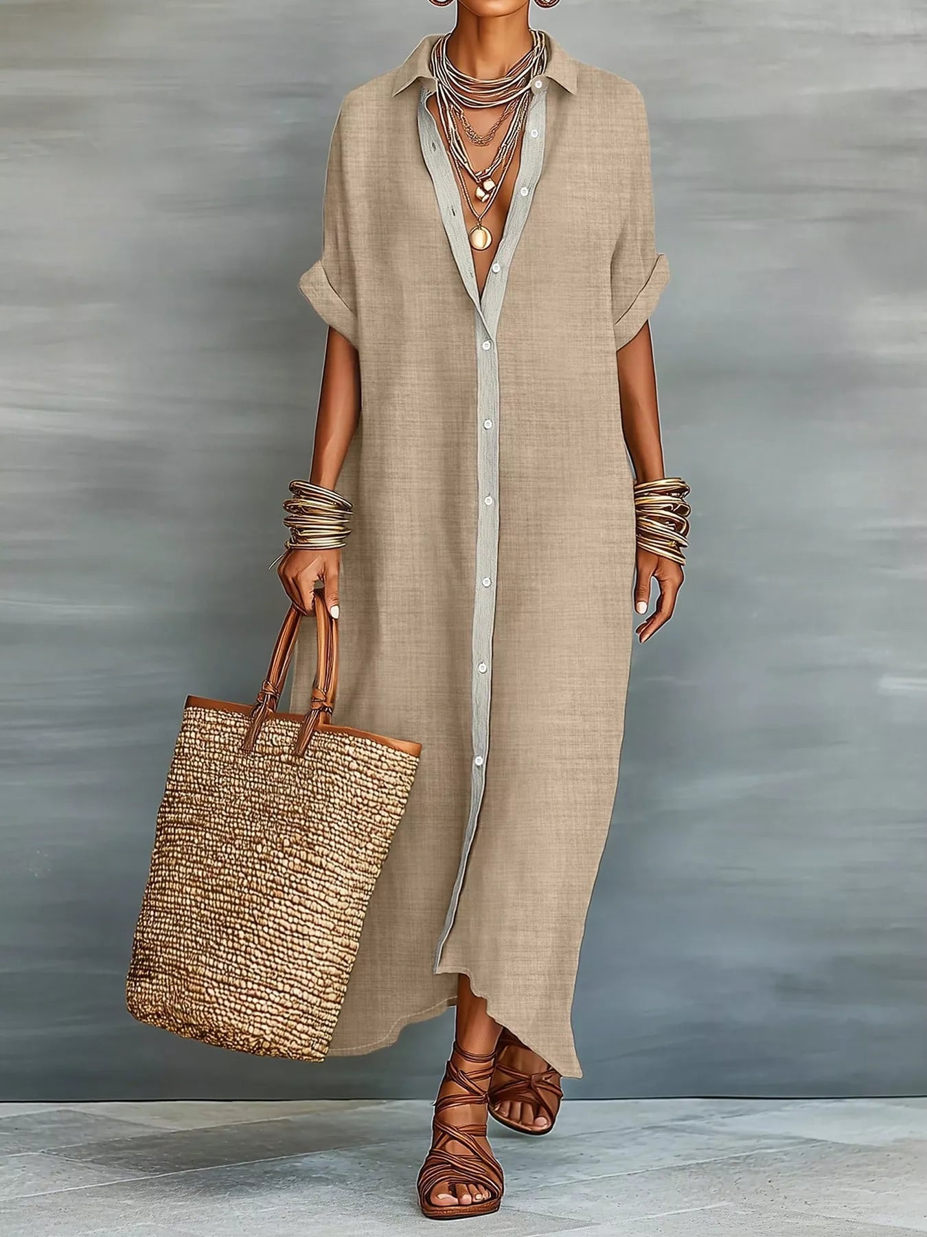 Beige maxi shirt dress with collared neckline, button-down front, short sleeves, and relaxed fit