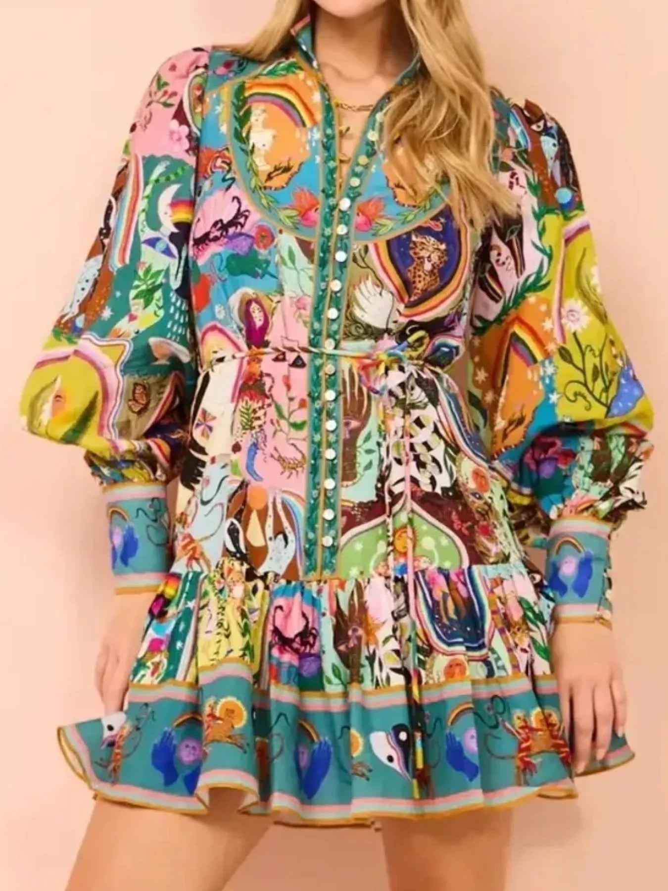 Printed Long Sleeve Shirt Dress with Belt.