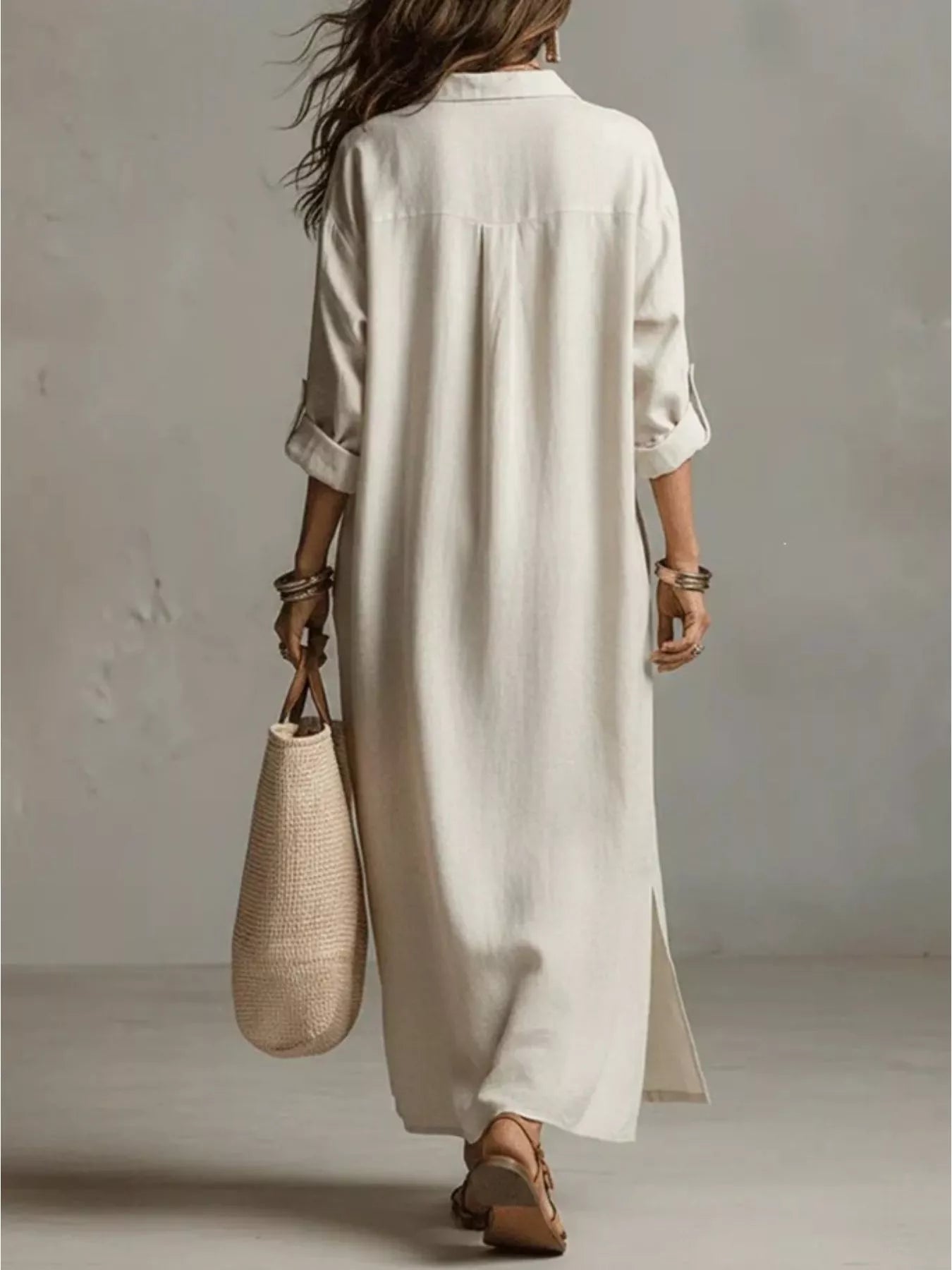 Relaxed plus-size cream midi shirt dress with collar, pockets, button front, and short sleeves