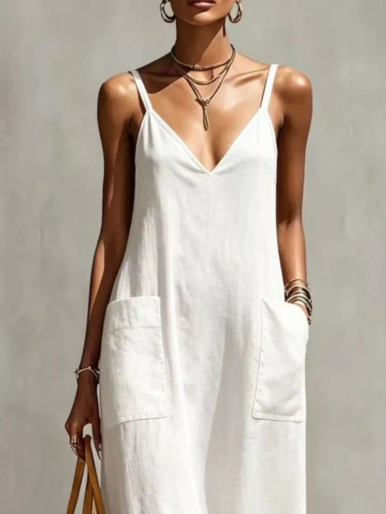 Plus-size V-neck spaghetti strap midi dress with fringe hem and pockets