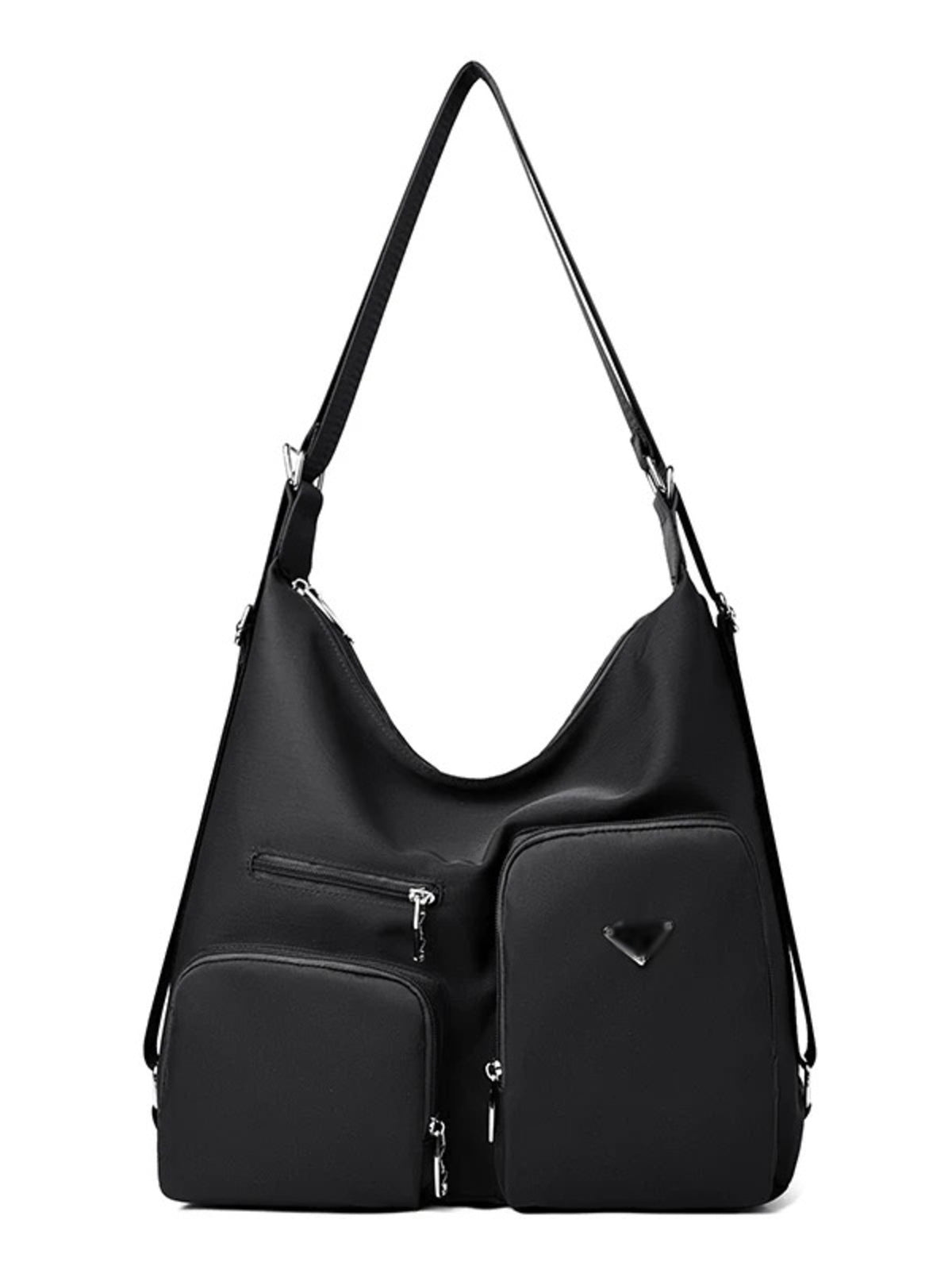 Black medium lightweight nylon shoulder bag with a slouchy silhouette, long adjustable strap, multiple spacious zippered pockets, and silver-tone hardware.