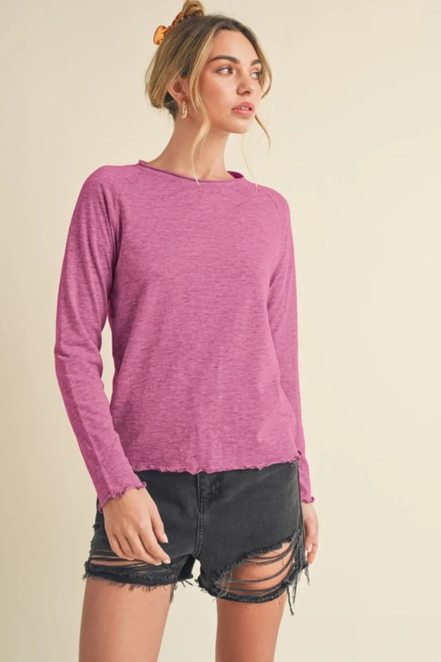 Lettuce Hemline Round Neck Raglan Sleeve T-Shirt