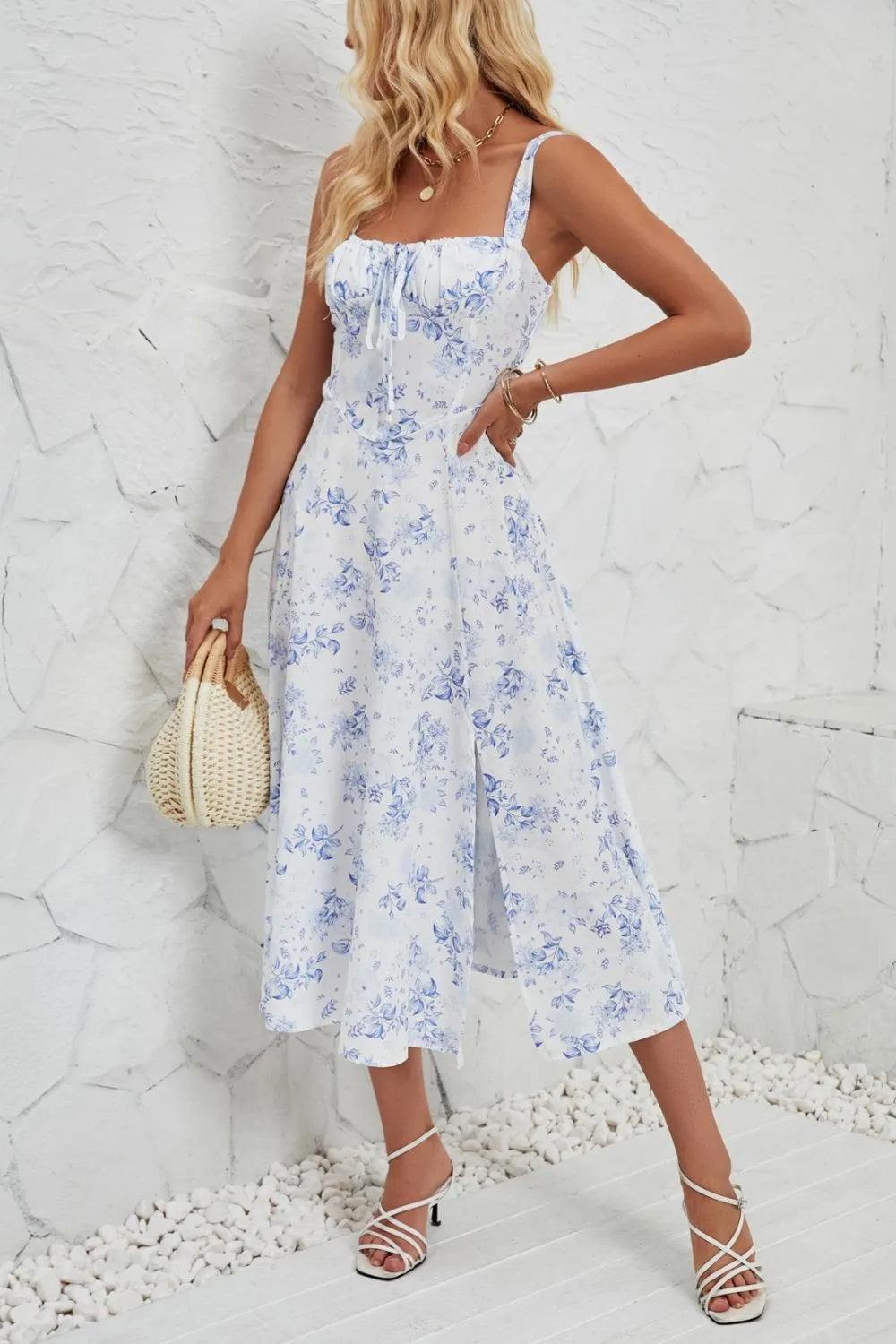Floral Print Cutout Cami Dress - Tied & Smocked.