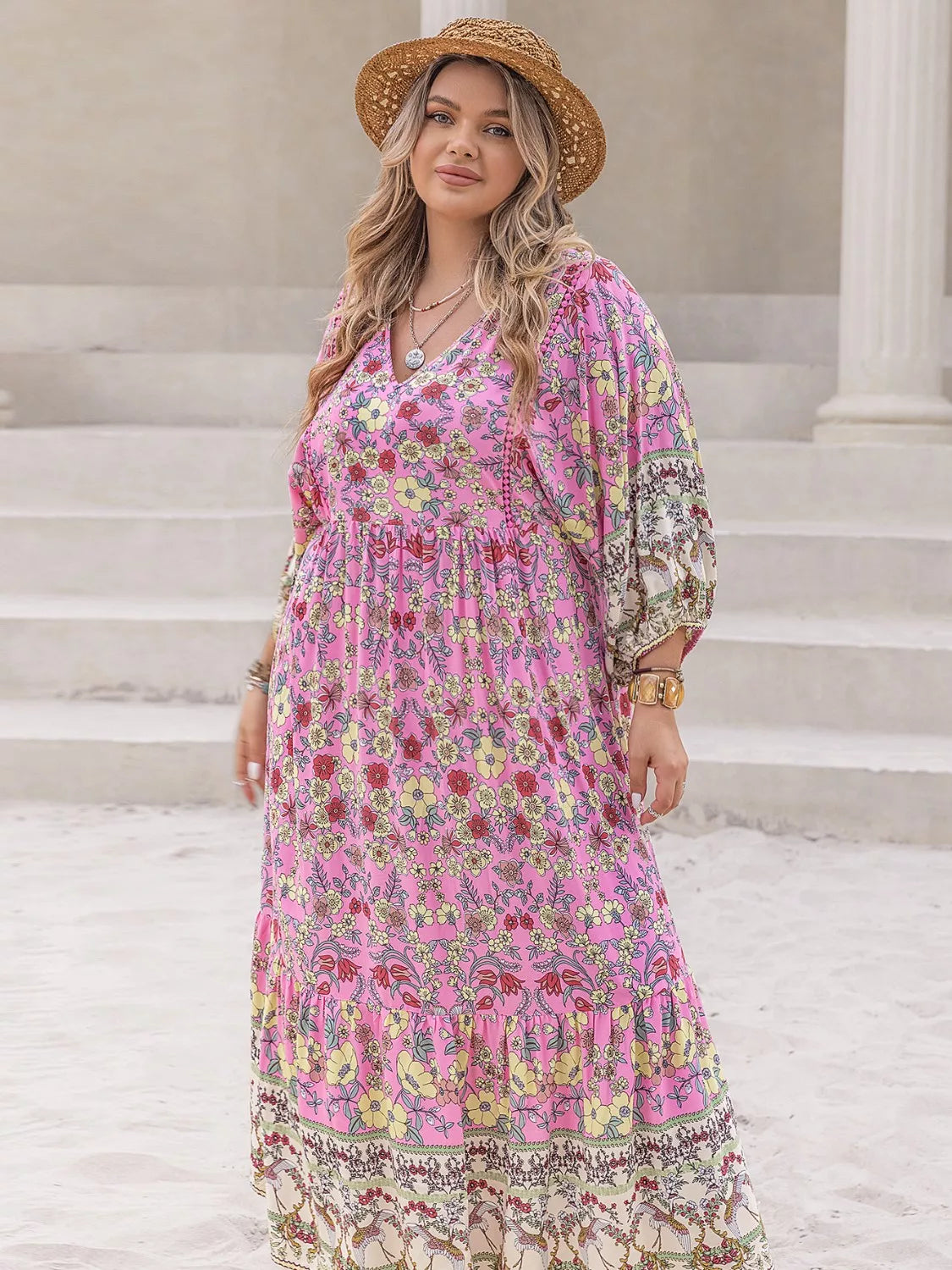 Plus Size Bohemian Floral Tiered Maxi Dress - Basic.