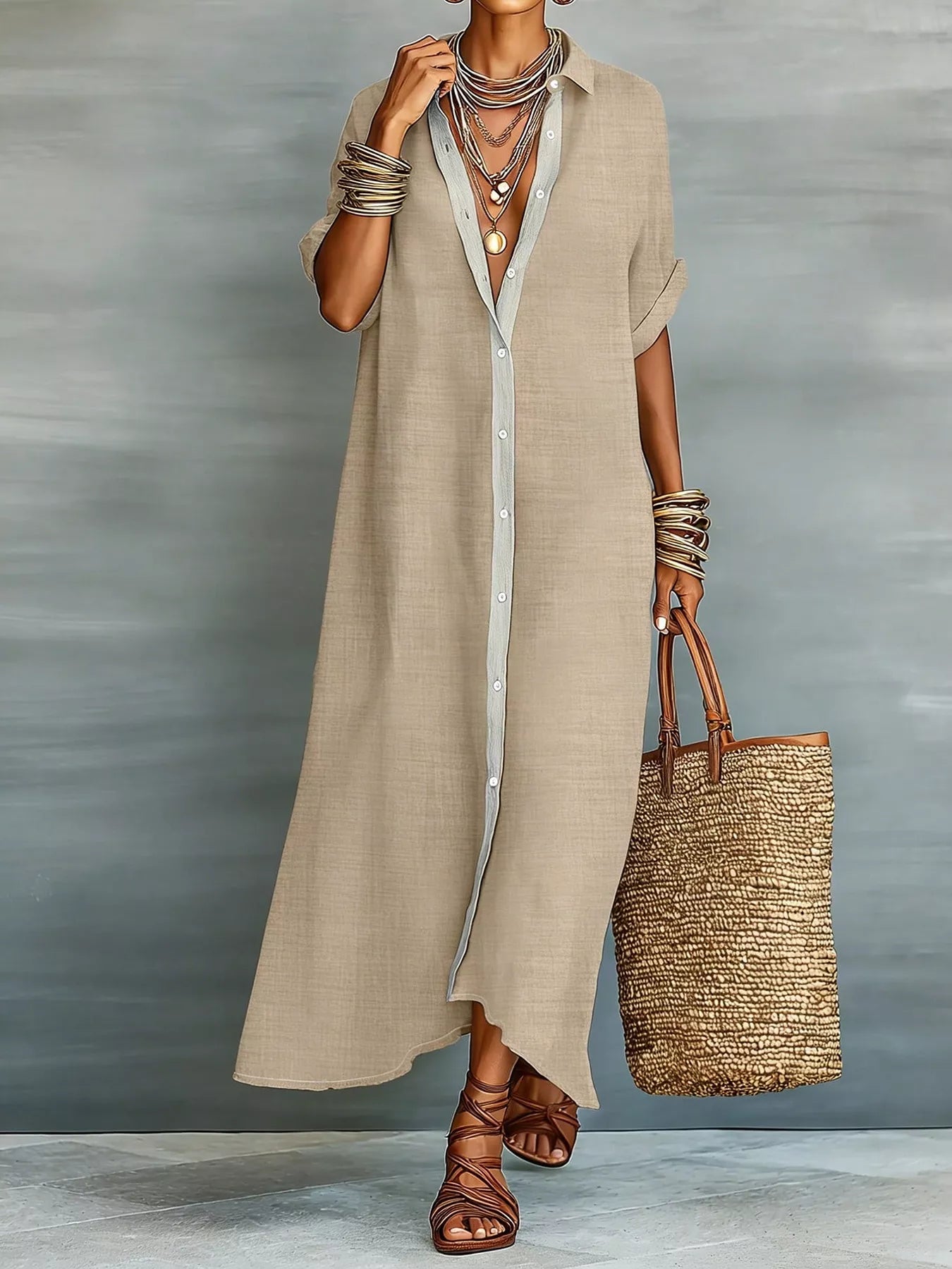 Beige maxi shirt dress with collared neckline, button-down front, short sleeves, and relaxed fit