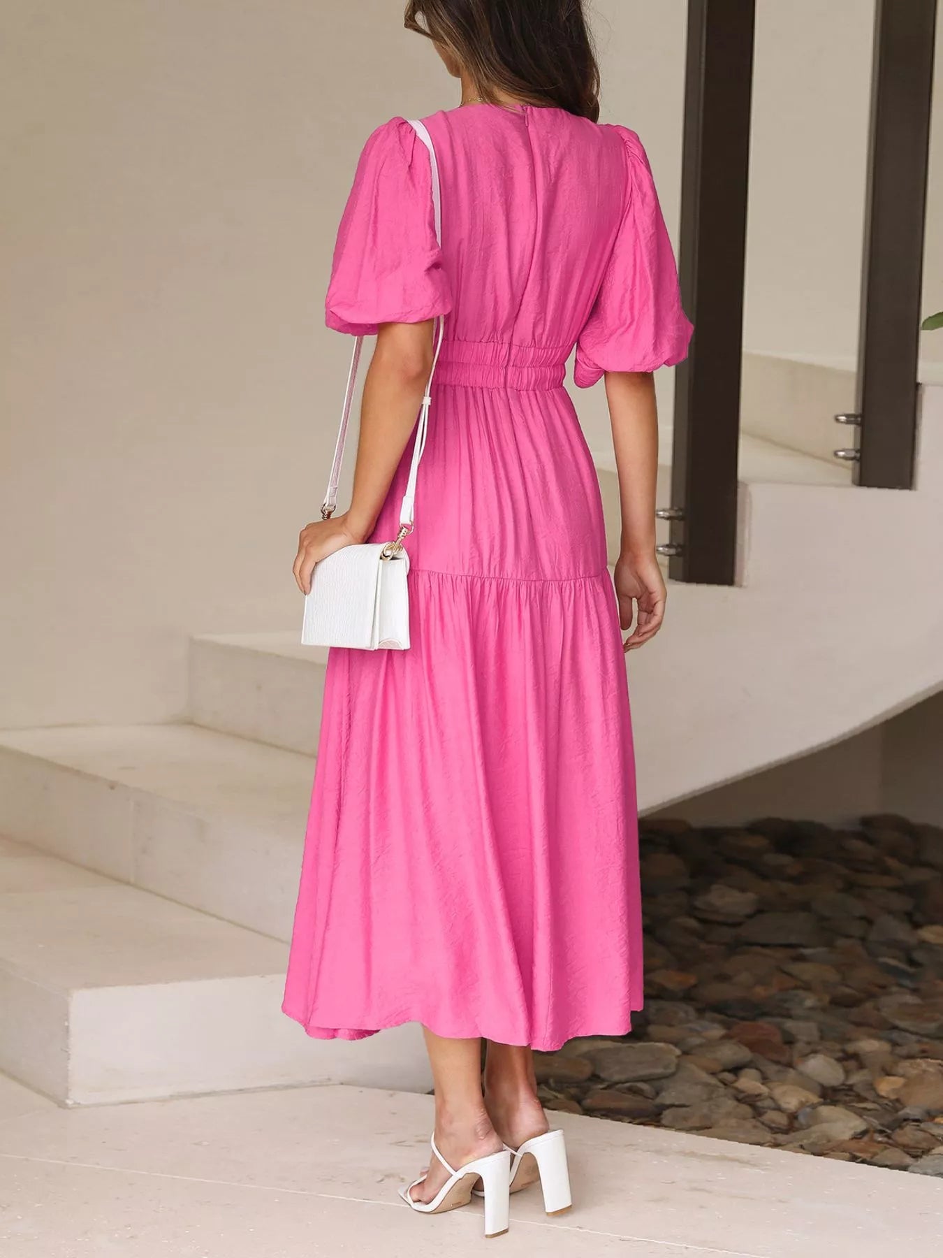 Cream tiered midi dress with a V-neck, smocked waist, and short puff sleeves