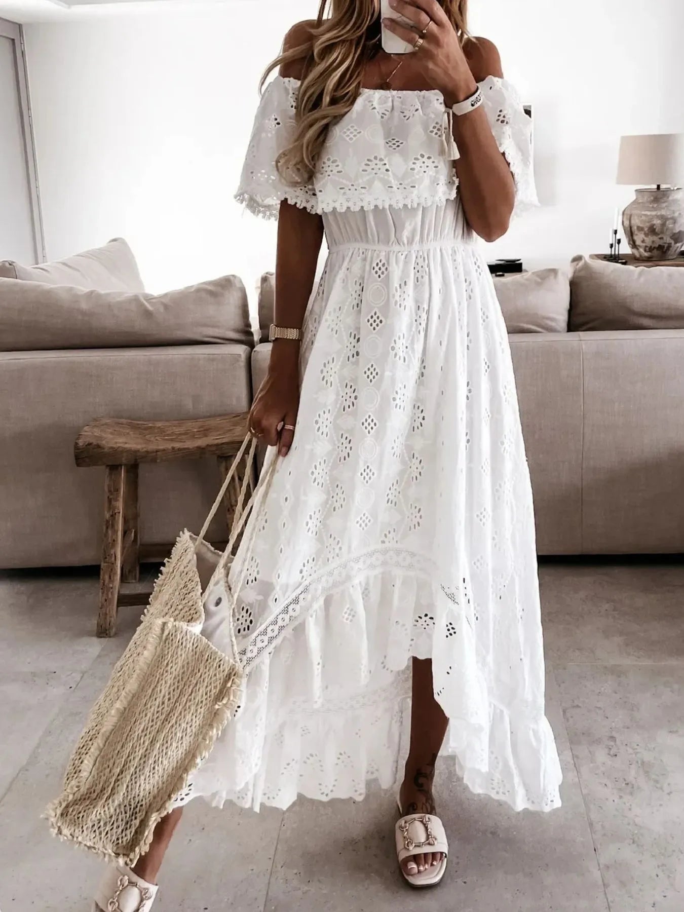 Eyelet Ruffled Hem Off-Shoulder Dress with Slit.
