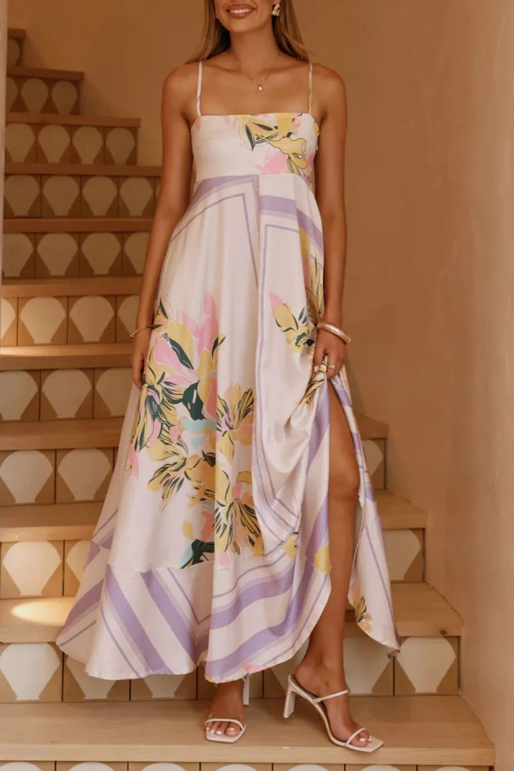 Printed Square Neck Maxi Cami Dress - Basic.