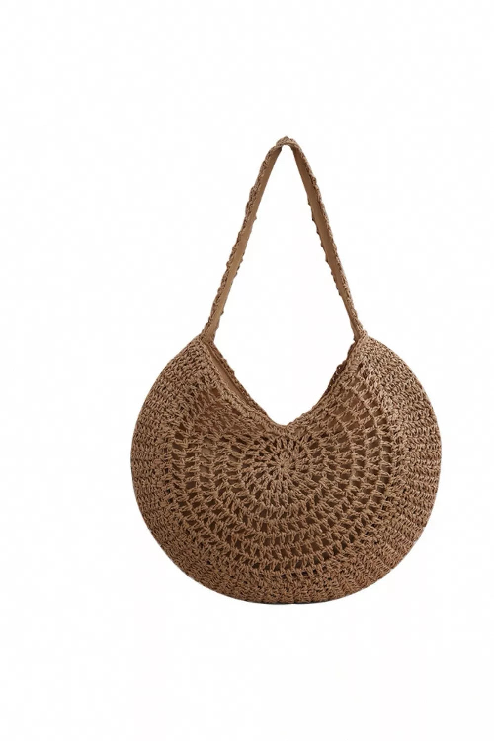 A medium brown round woven shoulder bag features a circular silhouette, open textured construction, and a single braided shoulder strap.