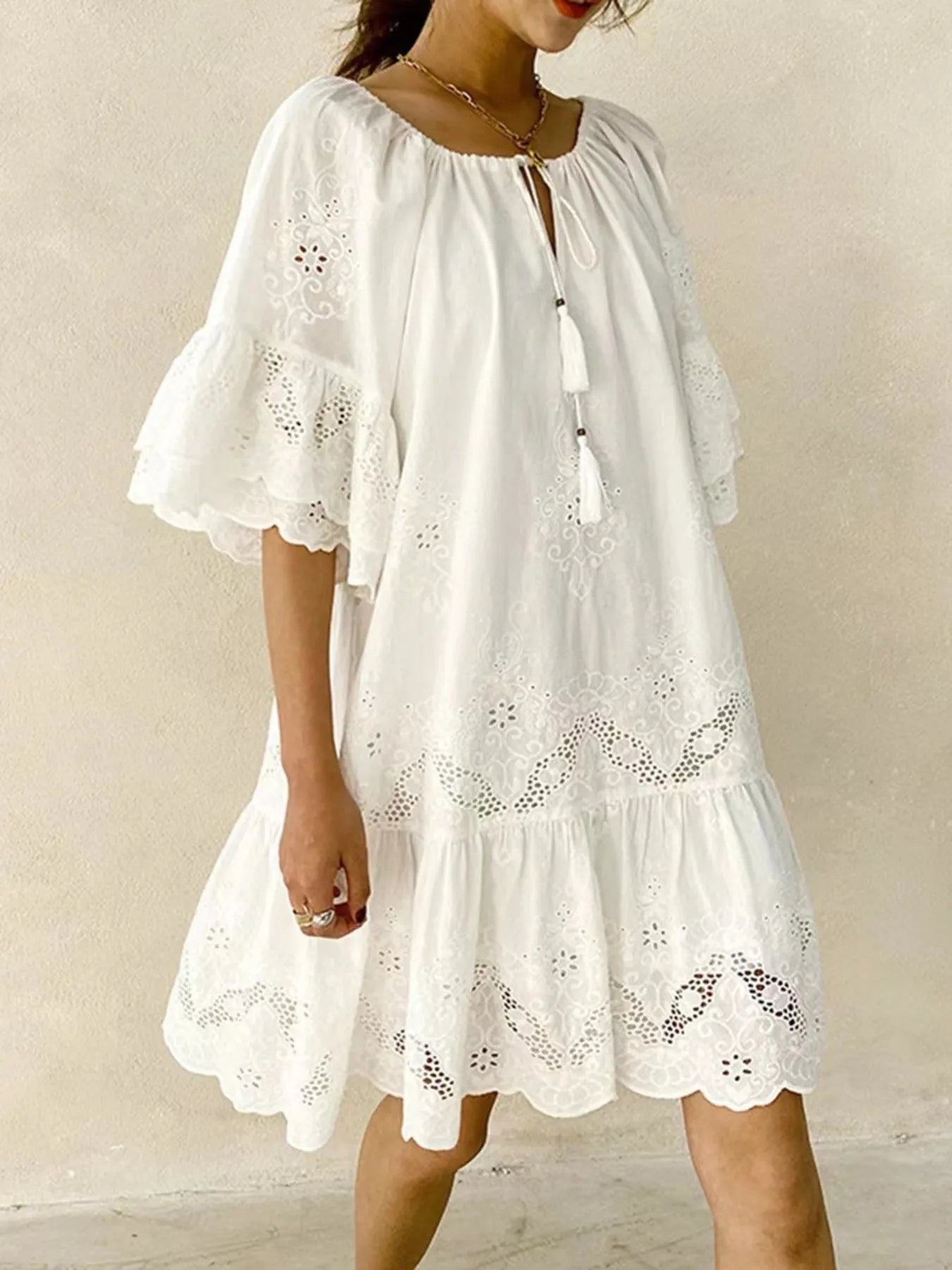 Eyelet Embroidered Tassel Tie Neck Dress - Ruffled.