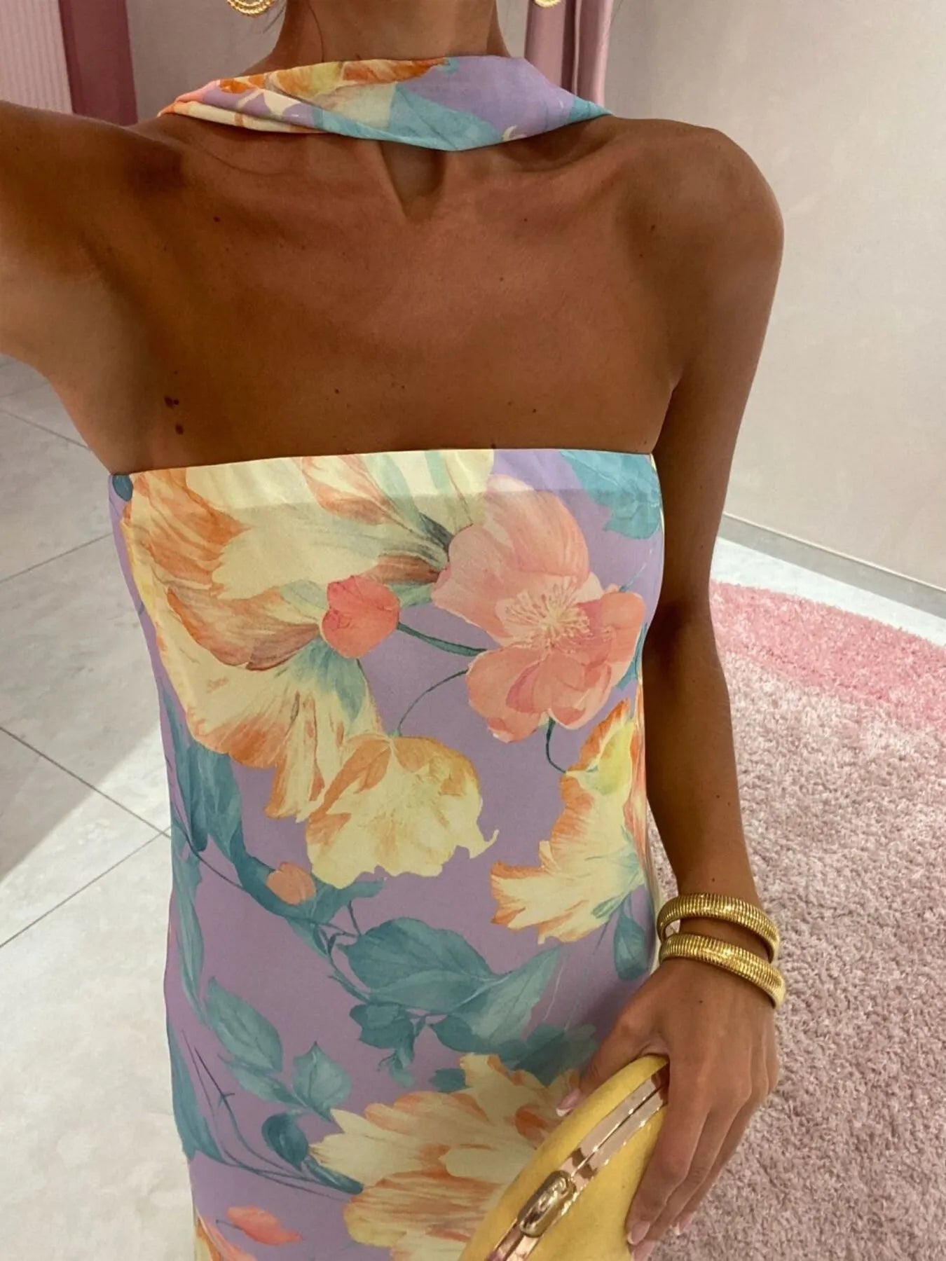 Printed V-Neck Cami Dress - Backless & Cutout.