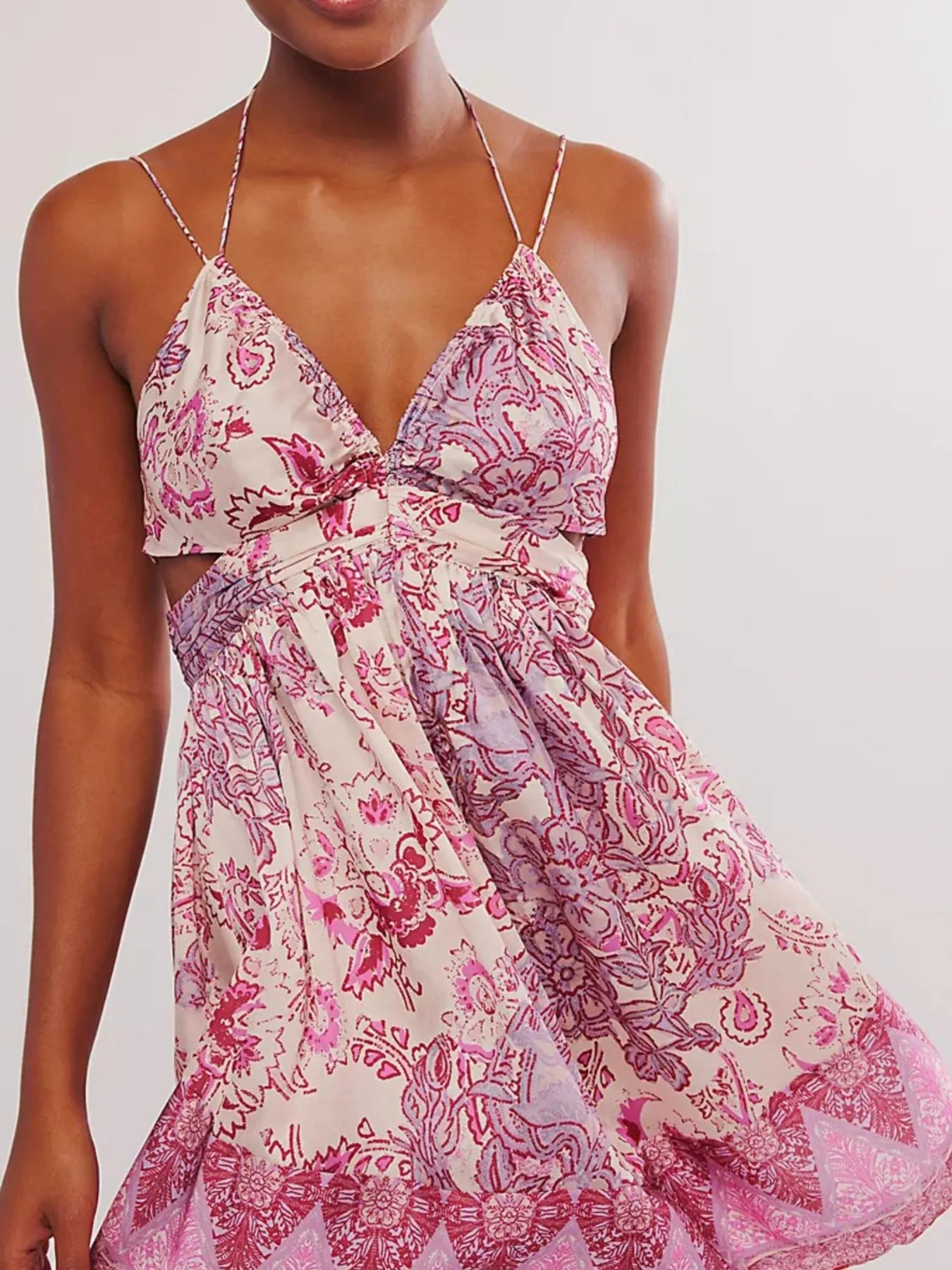 Floral Print Halter Neck Split Maxi Dress - Backless & Smocked.