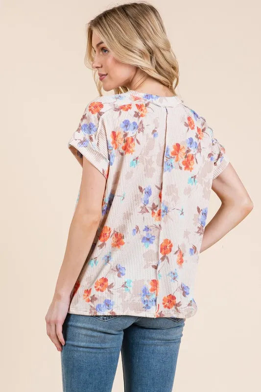 Floral Round Neck RIbbed T-Shirt