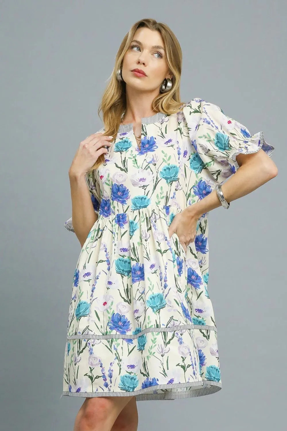 BabyDoll Floral Striped Hem Mini Dress - Lined Cotton.