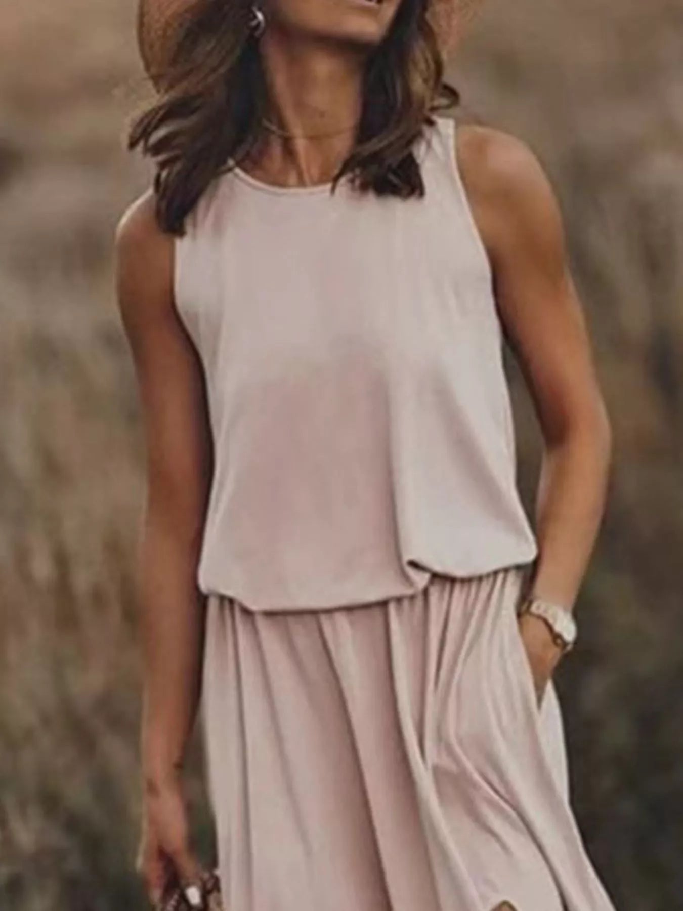 Umgee Navy Round Neck Sleeveless Tank Dress with Tie Pockets.