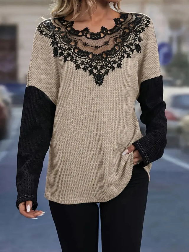 Contrast Lace Round Neck Long Sleeve T-Shirt