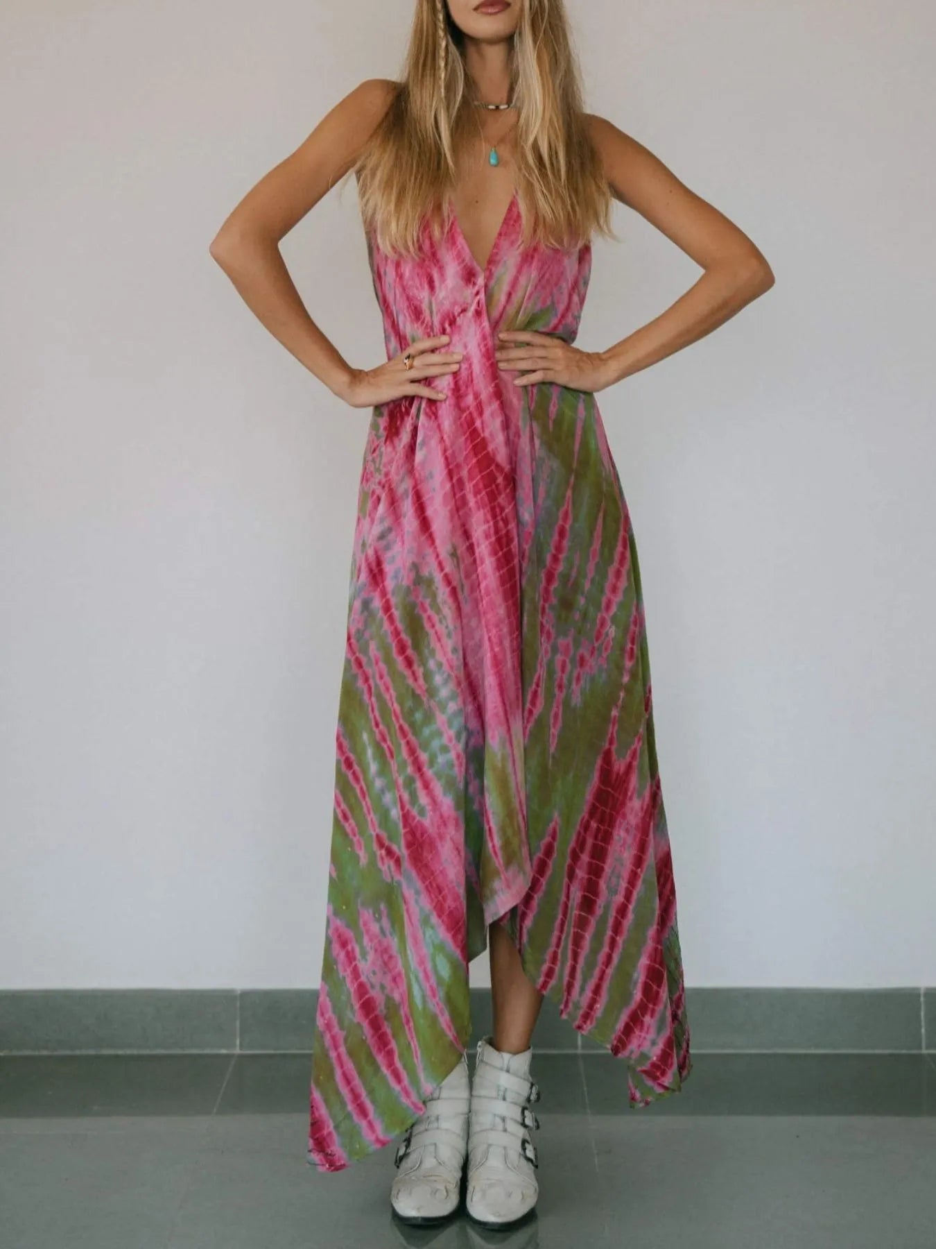 Backless Printed Halter Neck Maxi Dress - Tied.