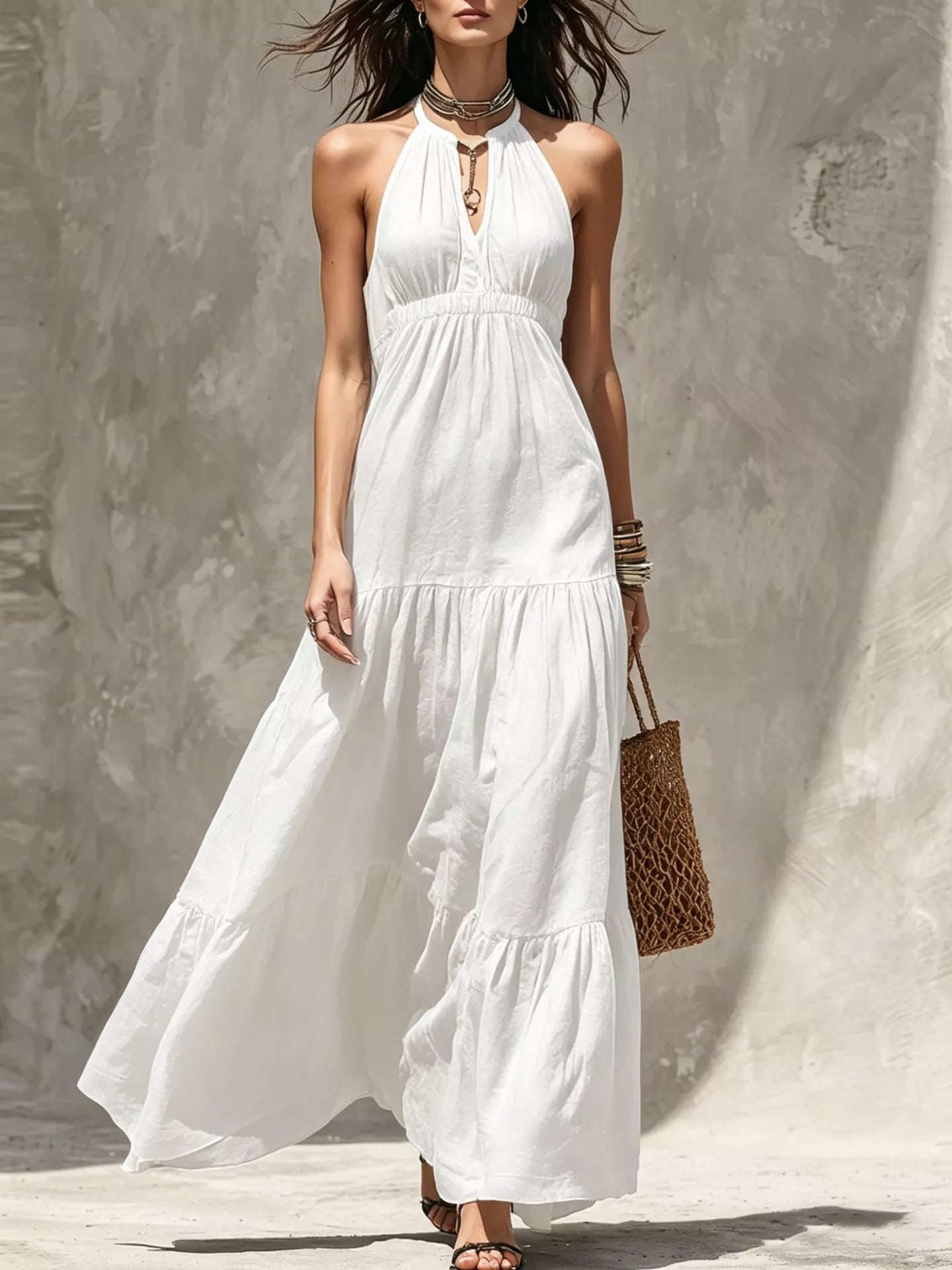 Sleeveless olive green tiered maxi dress with smocked waist and halter neckline
