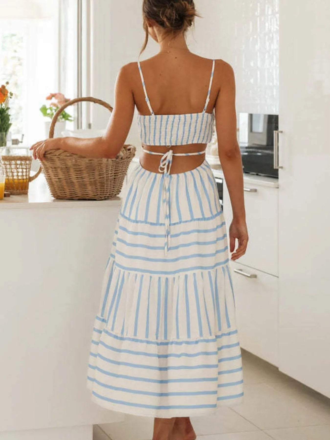 Cutout Striped Tiered Summer Midi Dress.