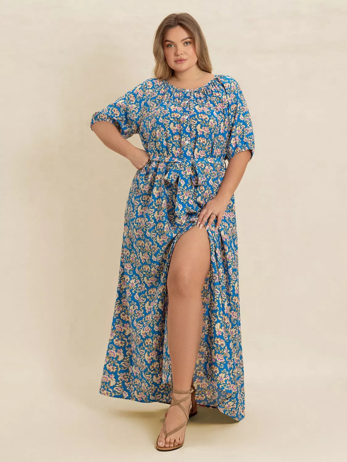 Plus Size Floral Print V-Neck Maxi Dress with Flutter Sleeves - Tiered.