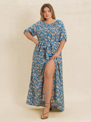 Plus Size Floral Print V-Neck Maxi Dress with Flutter Sleeves - Tiered.