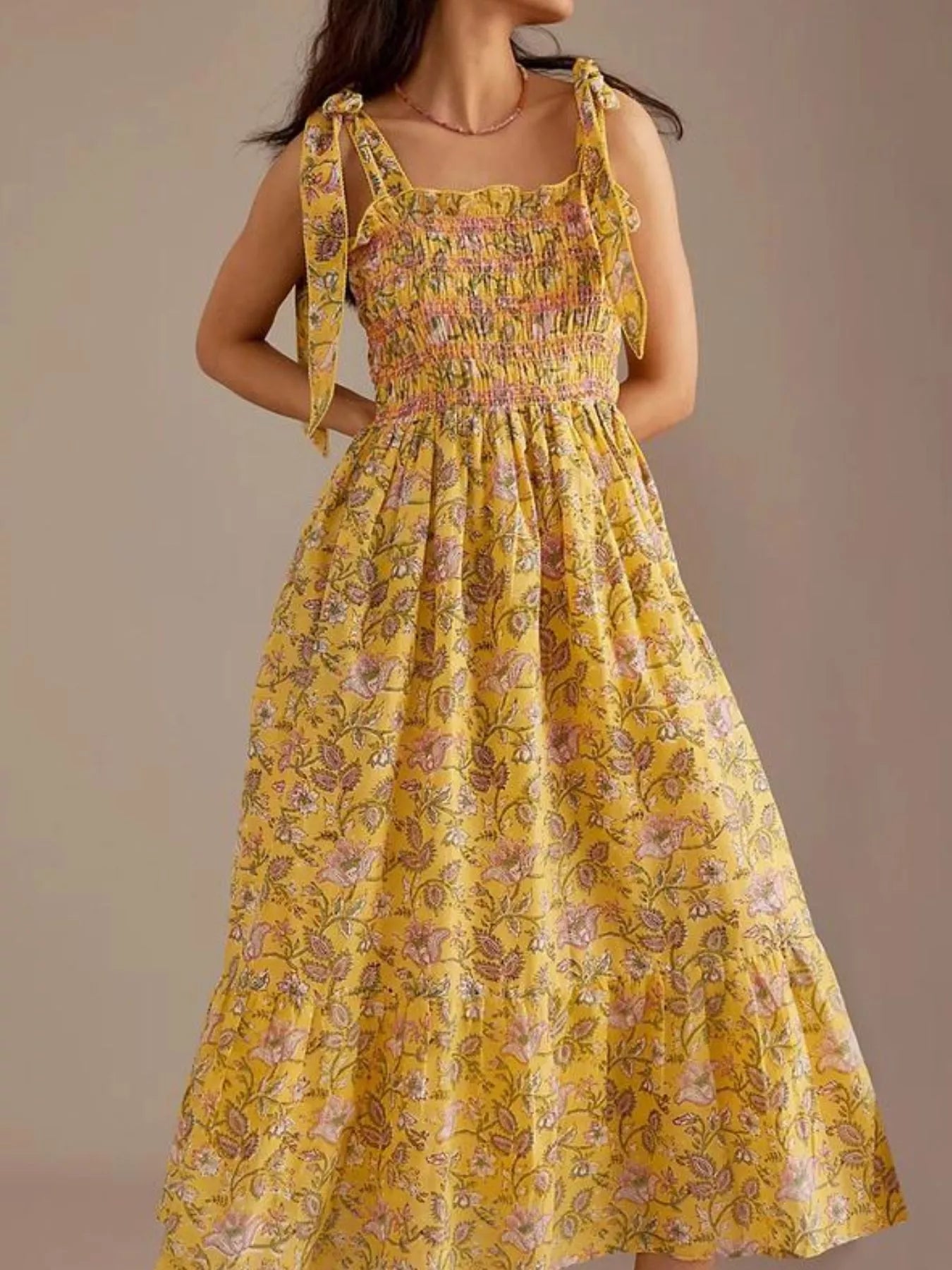 Floral Square Neck Puff Sleeve Maxi Dress with Ruffle Hem.