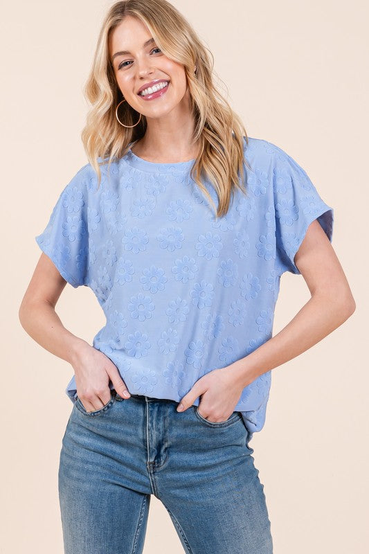 Textured Floral Pattern Short Sleeve T-Shirt